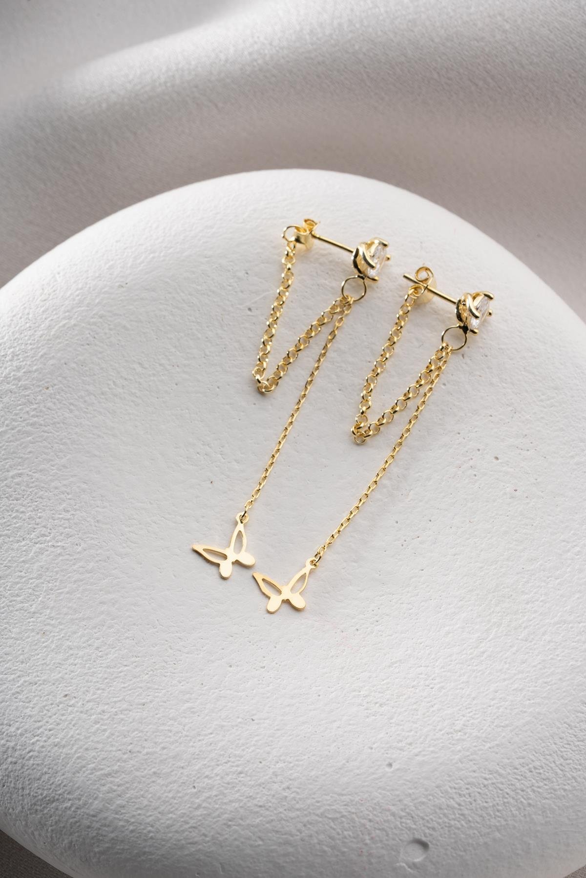 925 Ayar Gümüş Gold Kaplama 5 Mm Tektaş Sallantılı Zincir Sade Kelebek Küpe