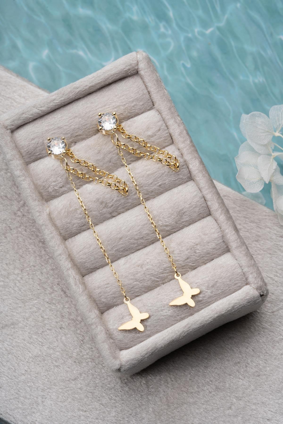 925 Ayar Gümüş Gold Kaplama 5 Mm Tektaş Sallantılı Zincir Zirkon Taşsız Kelebek Küpe