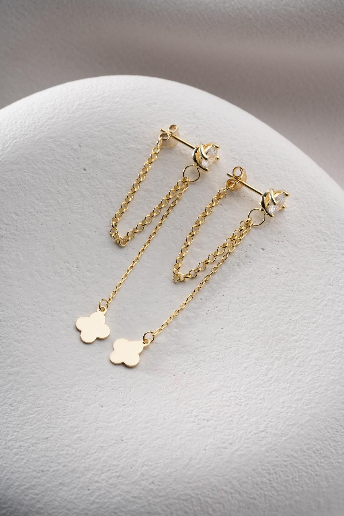 925 Ayar Gümüş Gold Kaplama 5 Mm Tektaş Sallantılı Zincir Sade Yonca Model Küpe