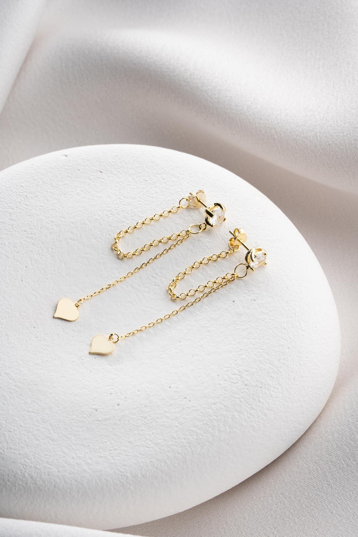 925 Ayar Gümüş Gold Kaplama 5 Mm Tektaş Sallantılı Zincir Sade Kalp Model Küpe