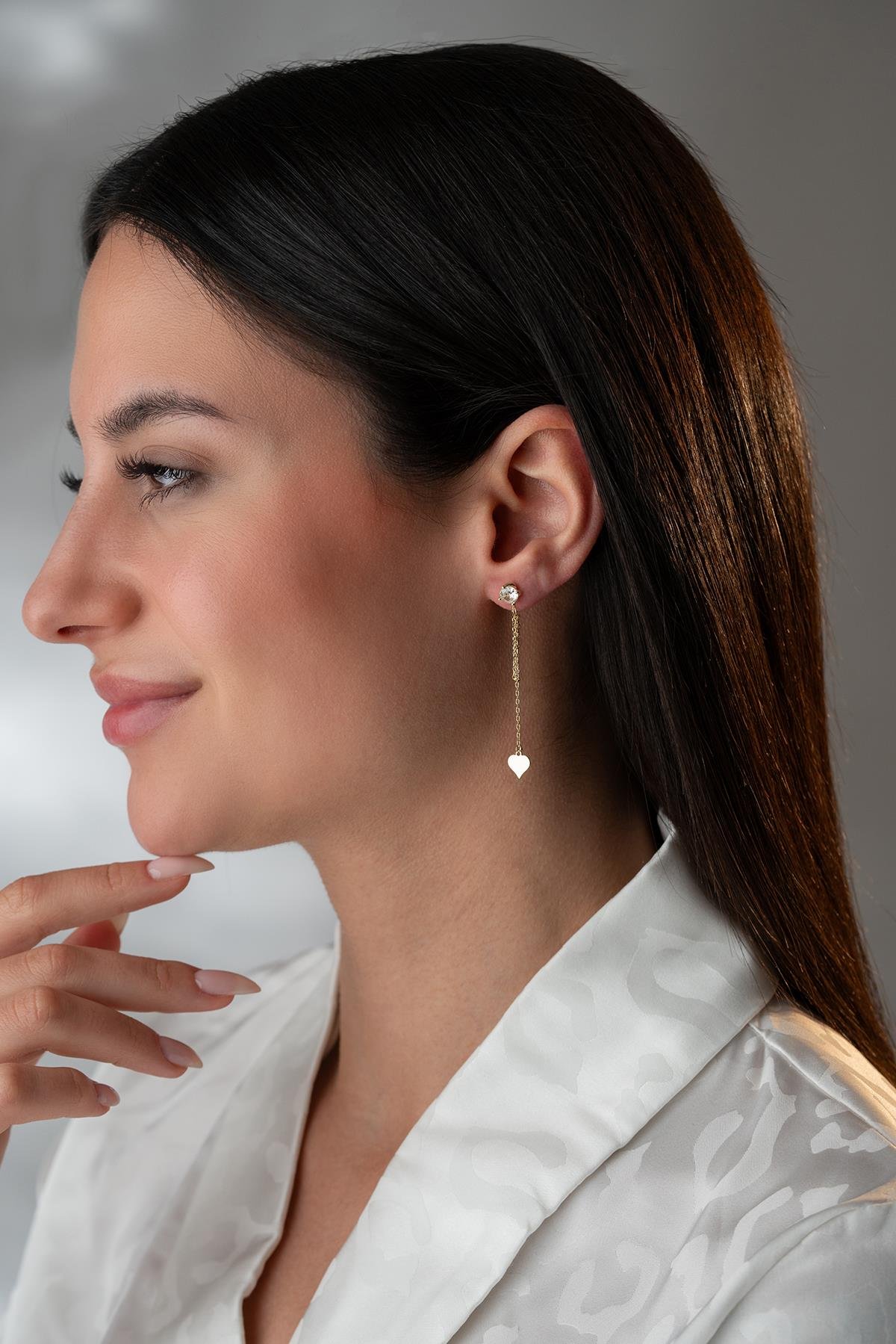 925 Ayar Gümüş Gold Kaplama 5 Mm Tektaş Sallantılı Zincir Sade Kalp Model Küpe