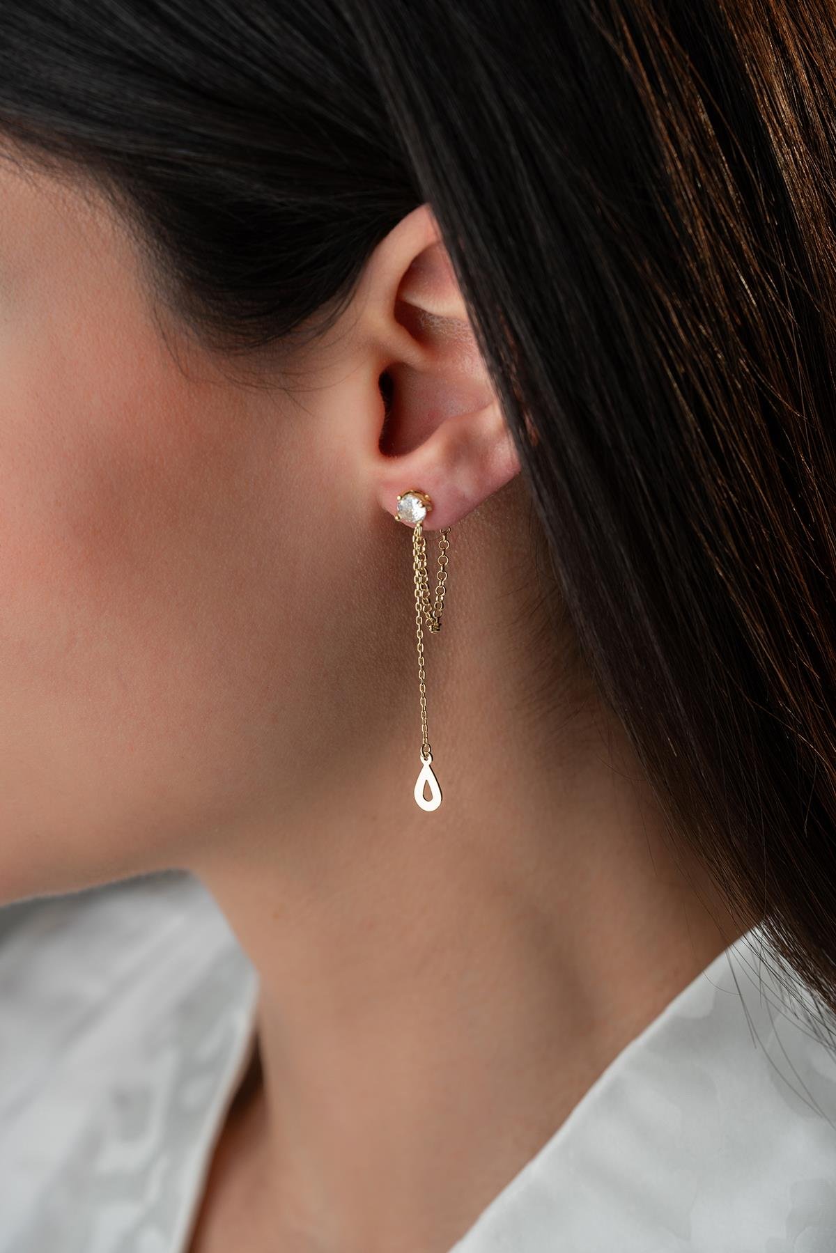 925 Ayar Gümüş Gold Kaplama 5 Mm Tektaş Sallantılı Zincir Su Damlası Model Küpe