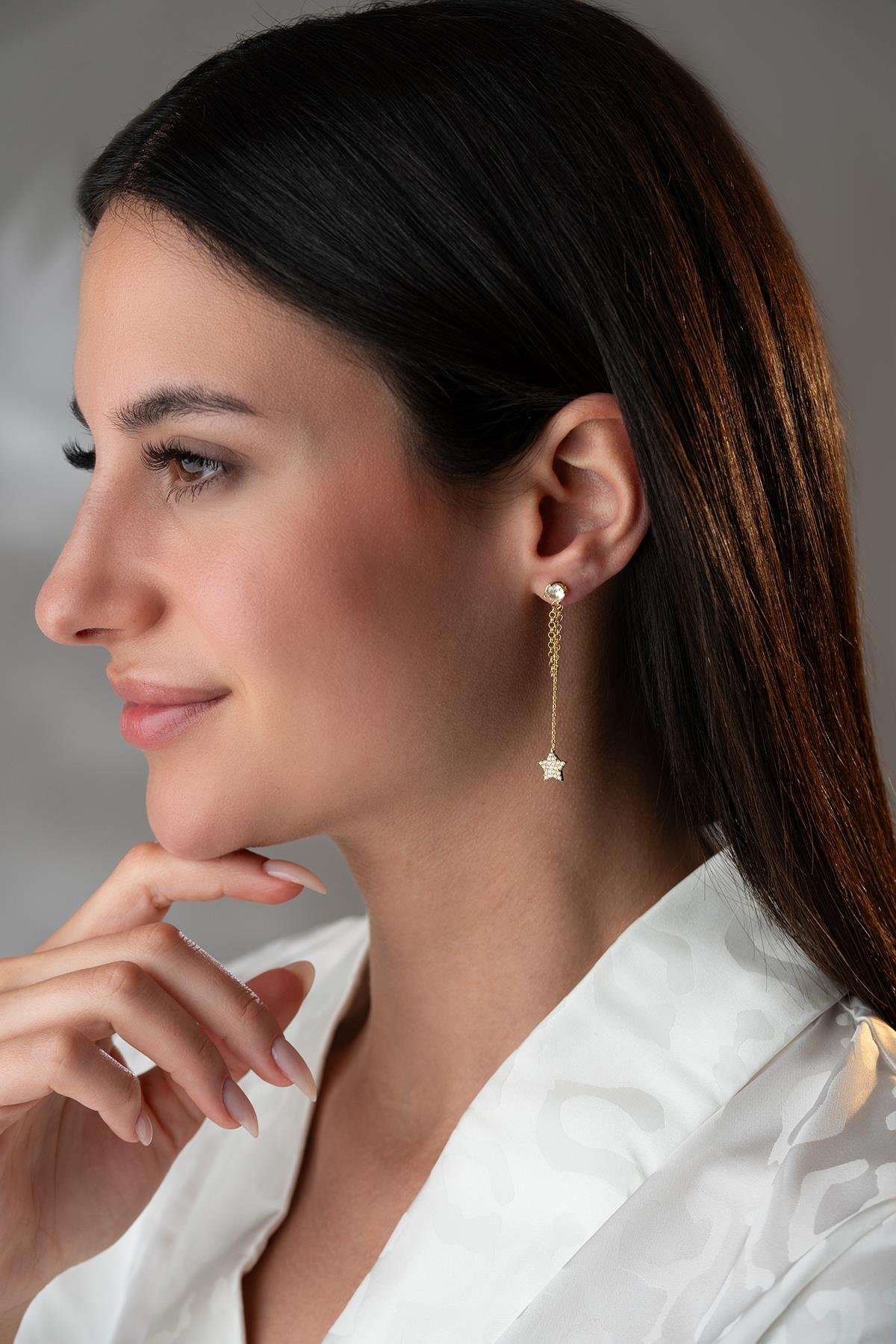 925 Ayar Gümüş Gold Kaplama 5 Mm Tektaş Sallantılı Zincir Zirkon Taşlı Yıldız Küpe