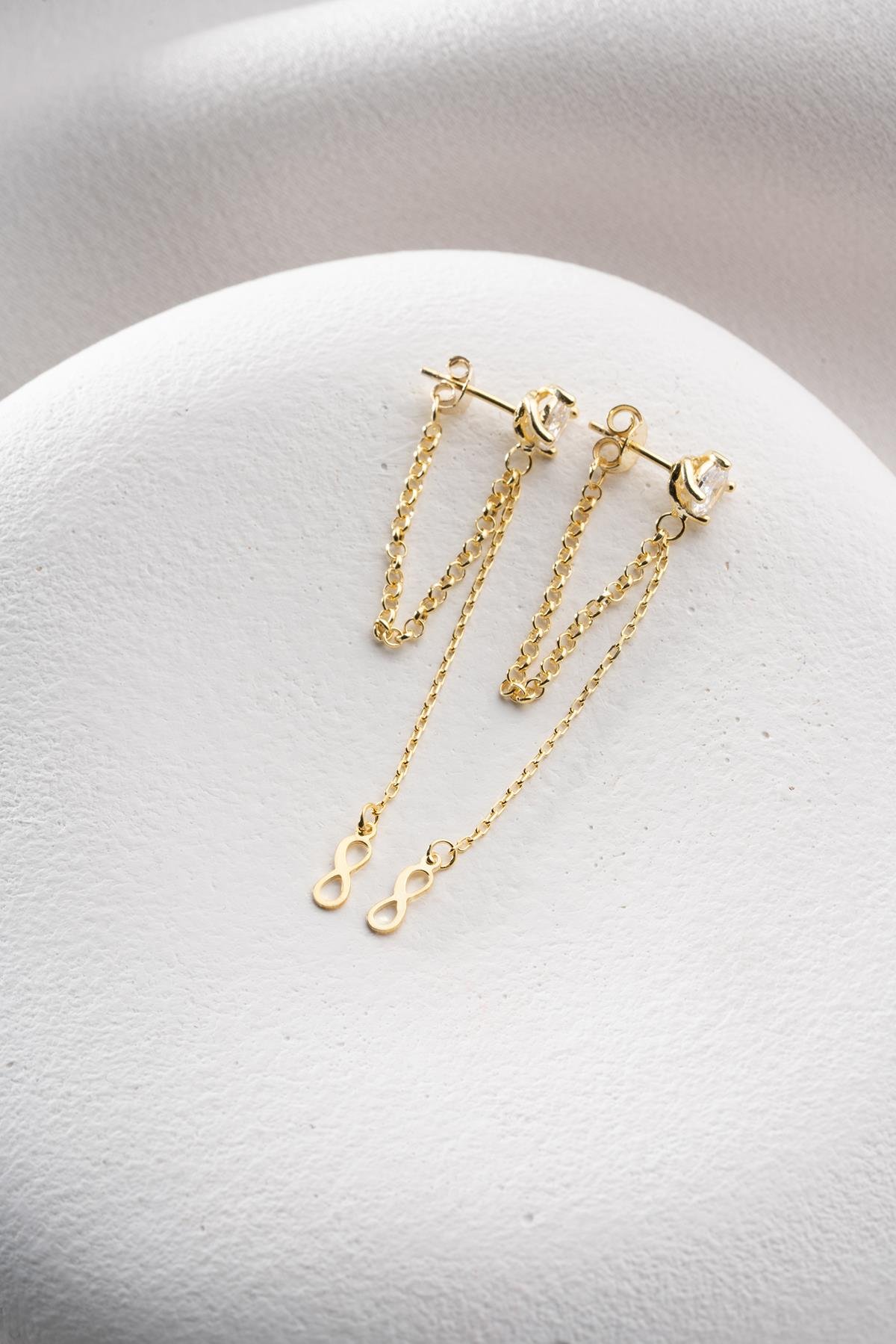 925 Ayar Gümüş Gold Kaplama 5 Mm Tektaş Sallantılı Zincir Sonsuzluk Model Küpe