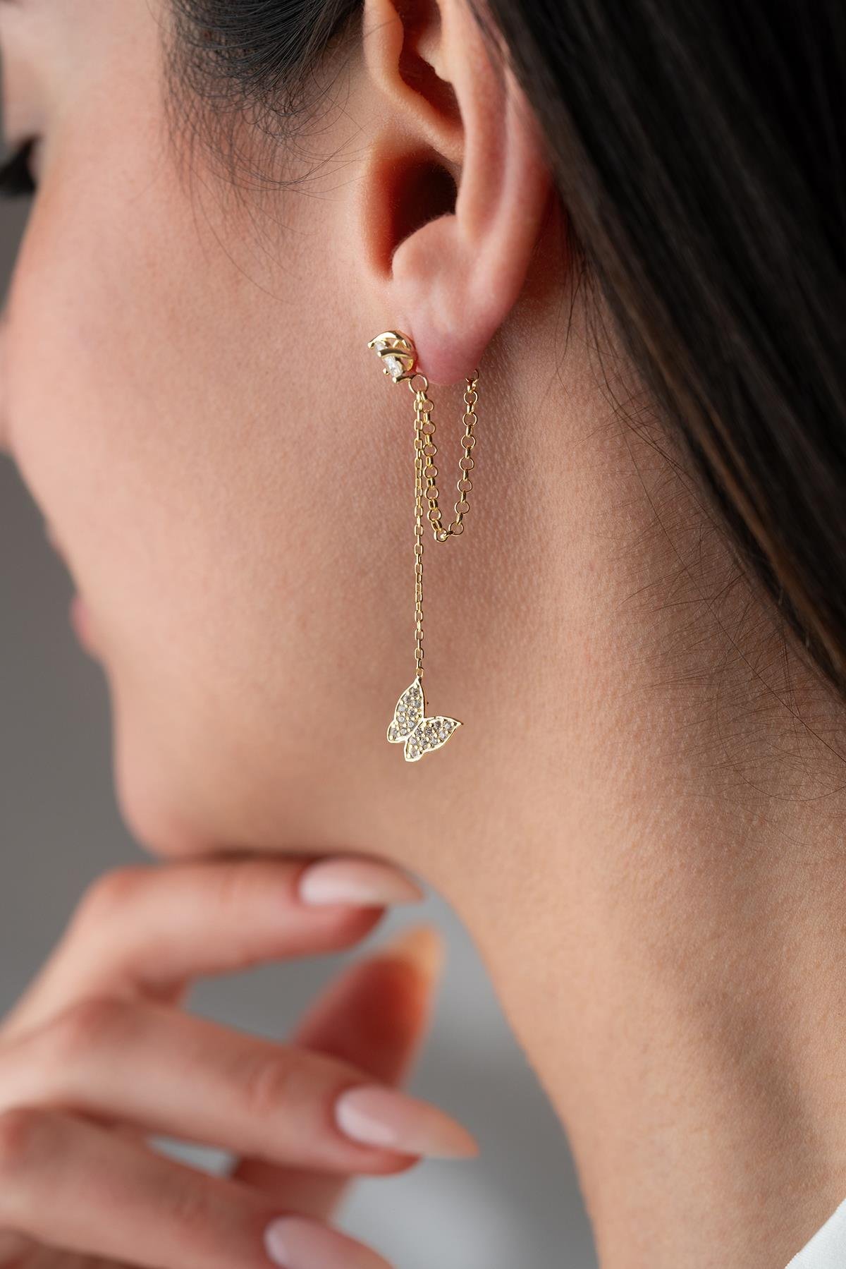 925 Ayar Gümüş Gold Kaplama 5 Mm Tektaş Sallantılı Zincir Zirkon Taşlı Kelebek Küpe