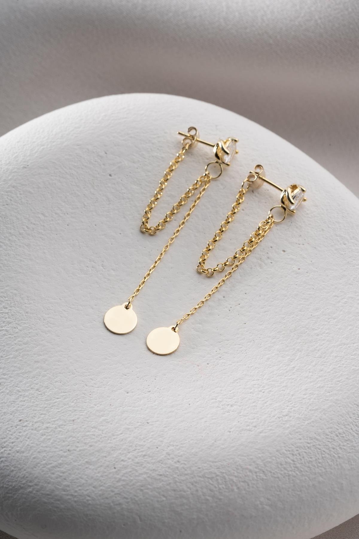 925 Ayar Gümüş Gold Kaplama 5 Mm Tektaş Sallantılı Zincir Sade Yuvarlak Model Küpe