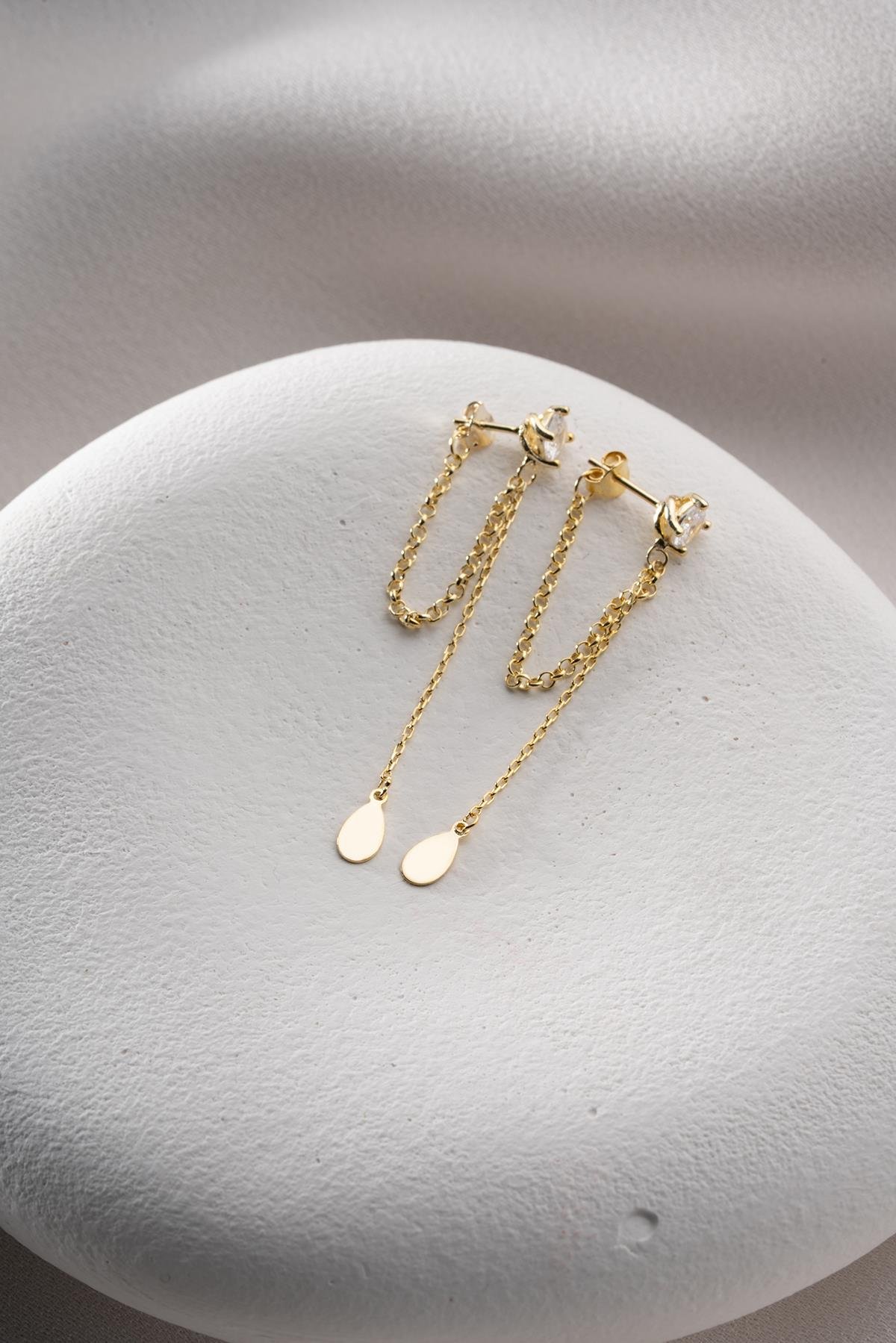 925 Ayar Gümüş Gold Kaplama 5 Mm Tektaş Sallantılı Zincir Sade Damla Model Küpe