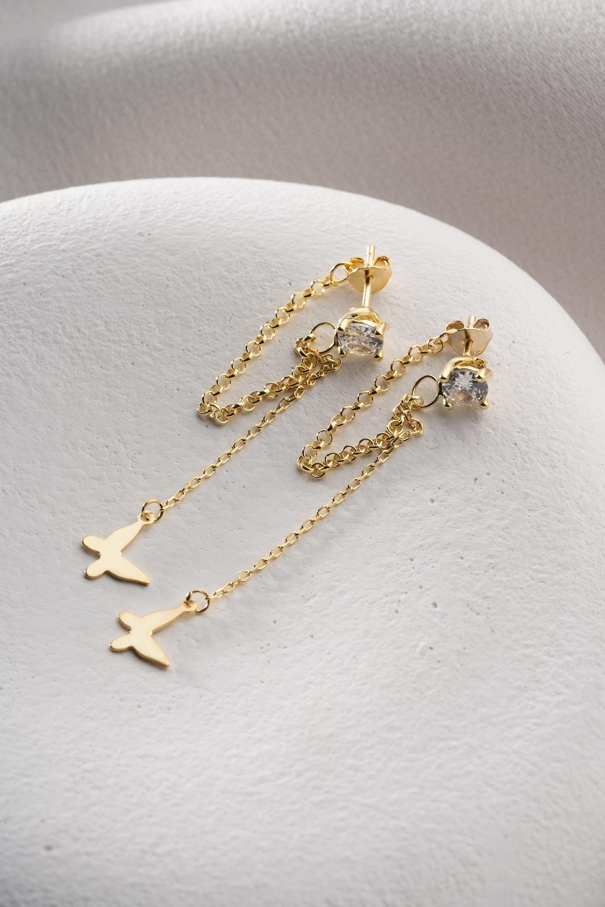 925 Ayar Gümüş Gold Kaplama 5 Mm Tektaş Sallantılı Zincir Zirkon Taşsız Kelebek Küpe