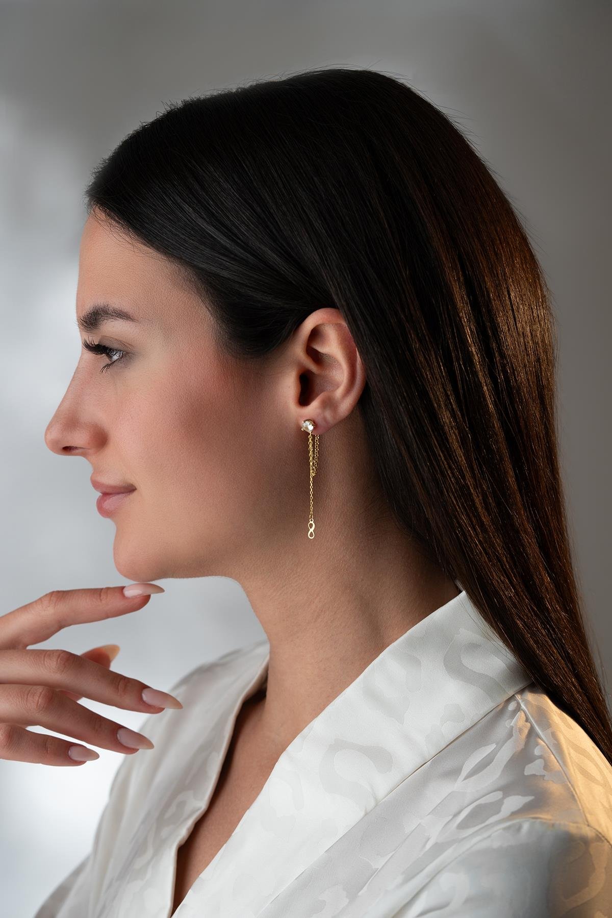 925 Ayar Gümüş Gold Kaplama 5 Mm Tektaş Sallantılı Zincir Sonsuzluk Model Küpe