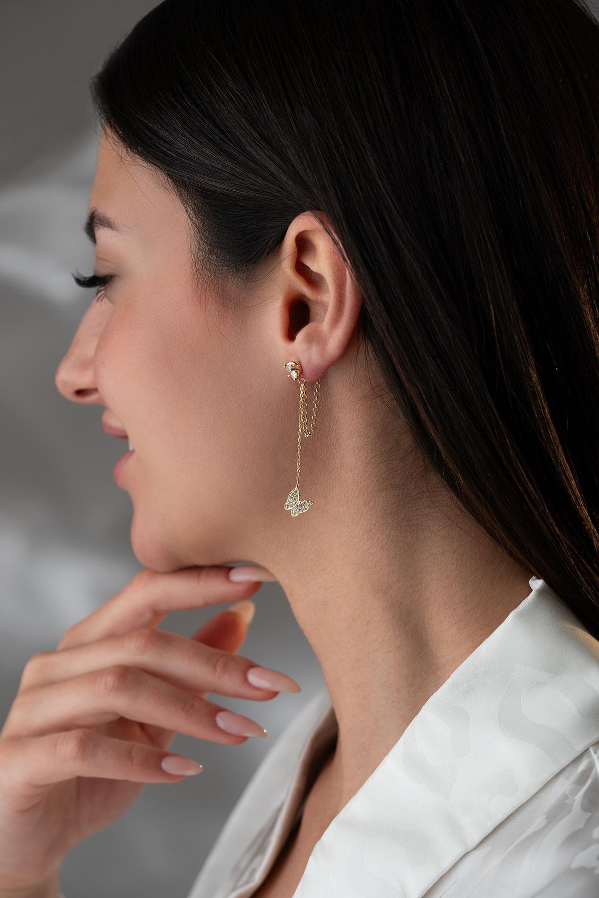 925 Ayar Gümüş Gold Kaplama 5 Mm Tektaş Sallantılı Zincir Zirkon Taşlı Kelebek Küpe