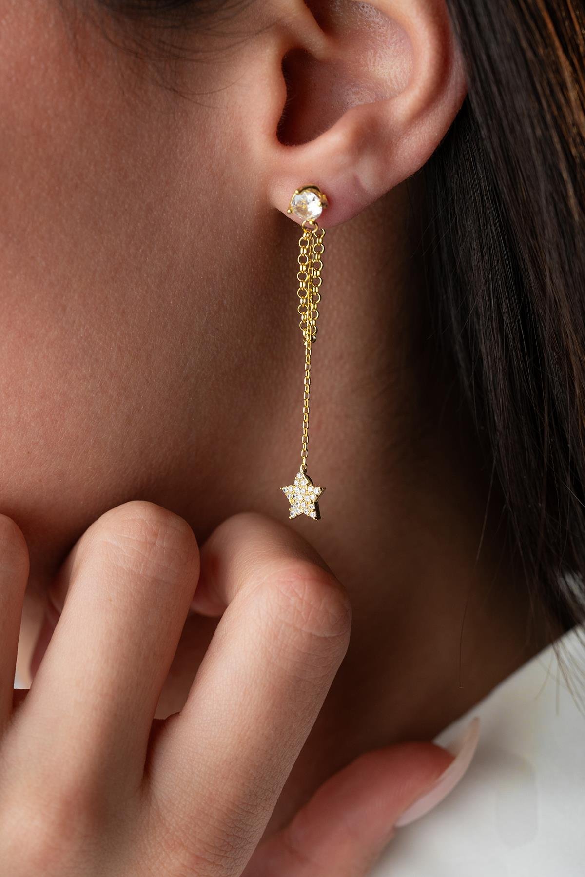 925 Ayar Gümüş Gold Kaplama 5 Mm Tektaş Sallantılı Zincir Zirkon Taşlı Yıldız Küpe