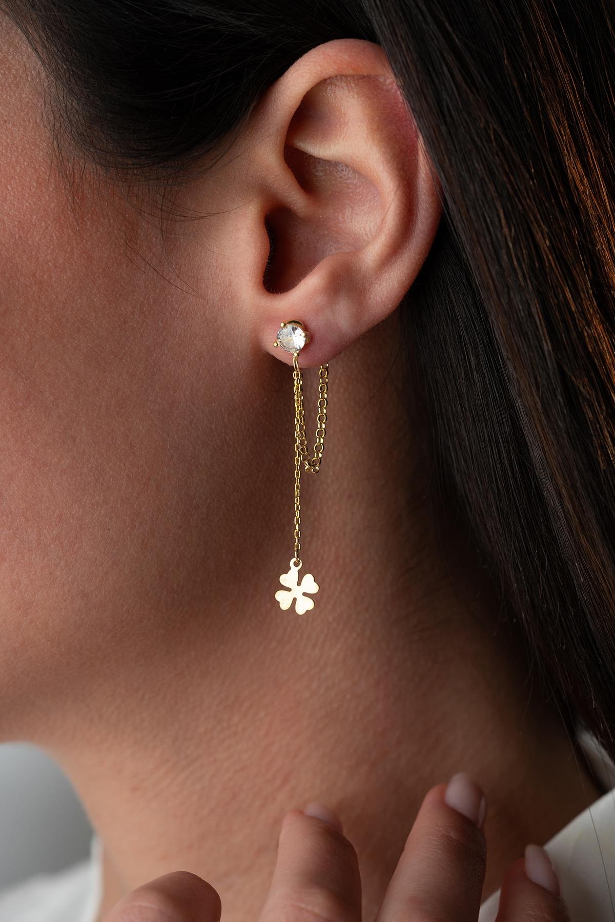 925 Ayar Gümüş Gold Kaplama 5 Mm Tektaş Sallantılı Zincir Dört Yapraklı Yonca Küpe