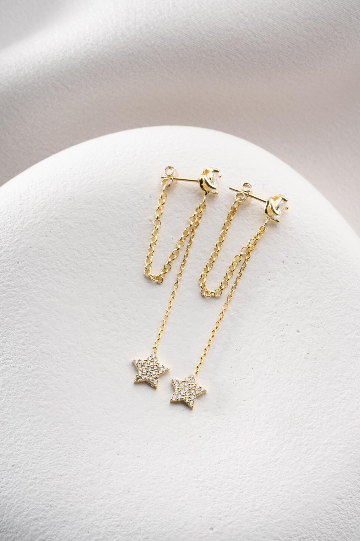 925 Ayar Gümüş Gold Kaplama 5 Mm Tektaş Sallantılı Zincir Zirkon Taşlı Yıldız Küpe