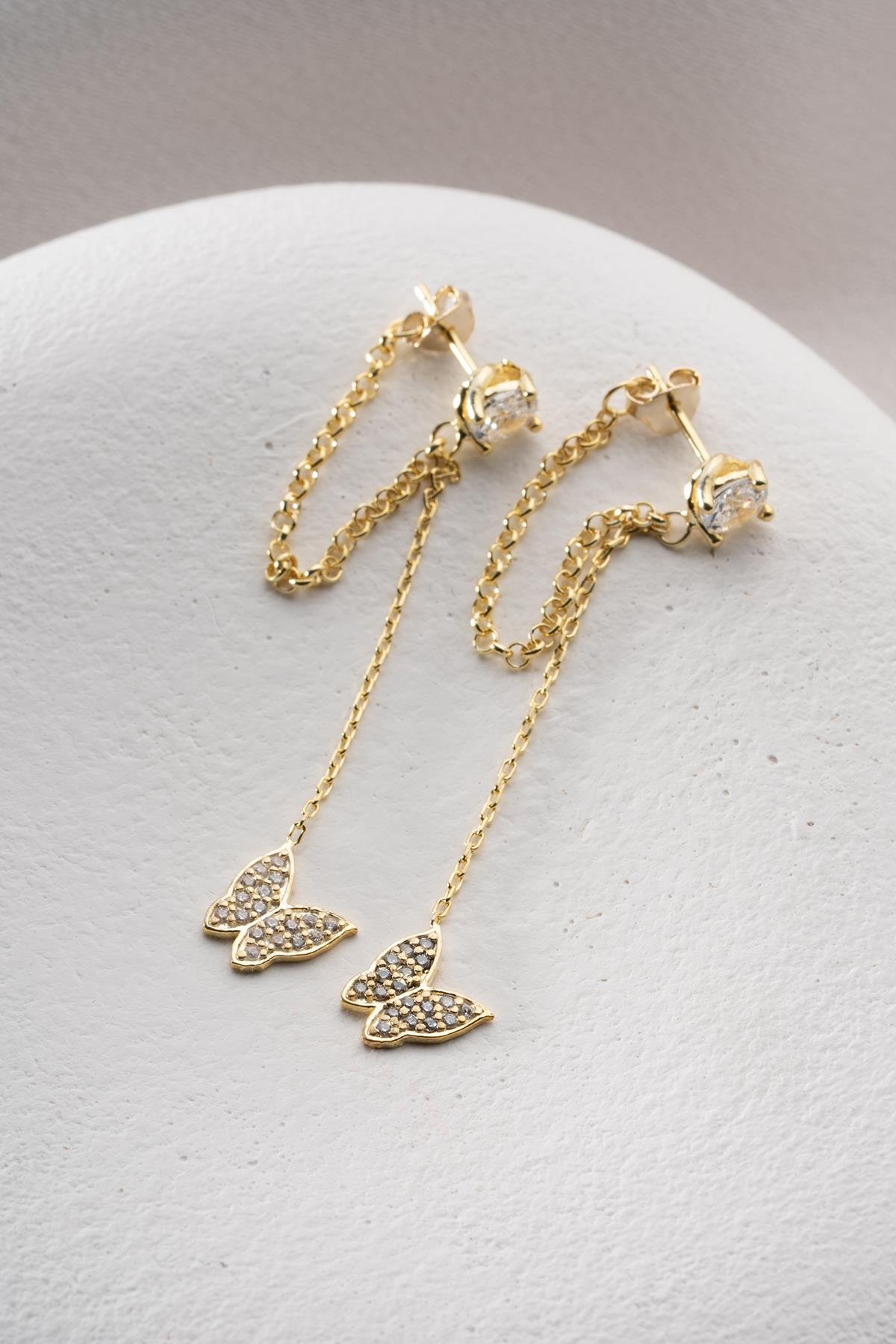 925 Ayar Gümüş Gold Kaplama 5 Mm Tektaş Sallantılı Zincir Zirkon Taşlı Kelebek Küpe