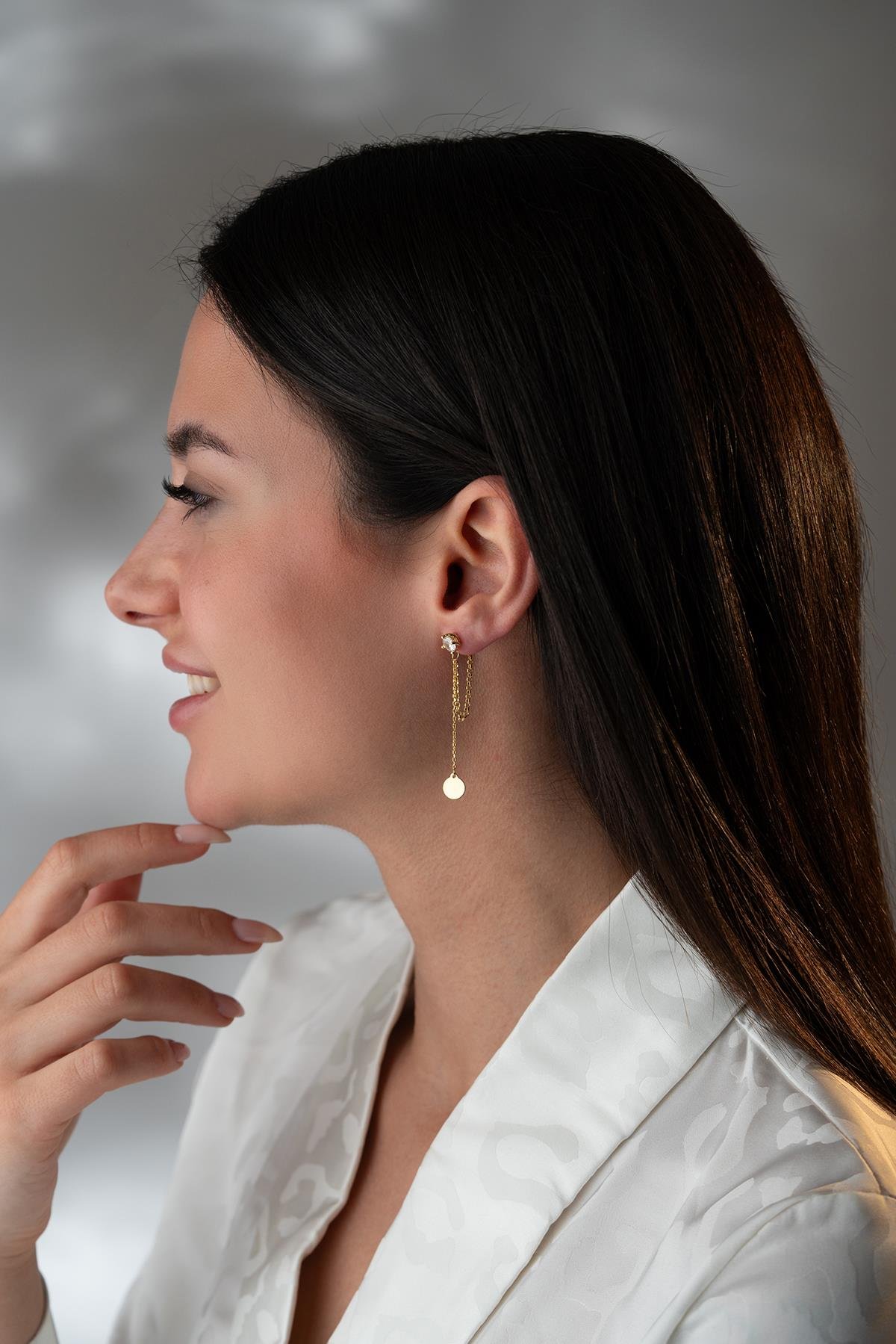 925 Ayar Gümüş Gold Kaplama 5 Mm Tektaş Sallantılı Zincir Sade Yuvarlak Model Küpe