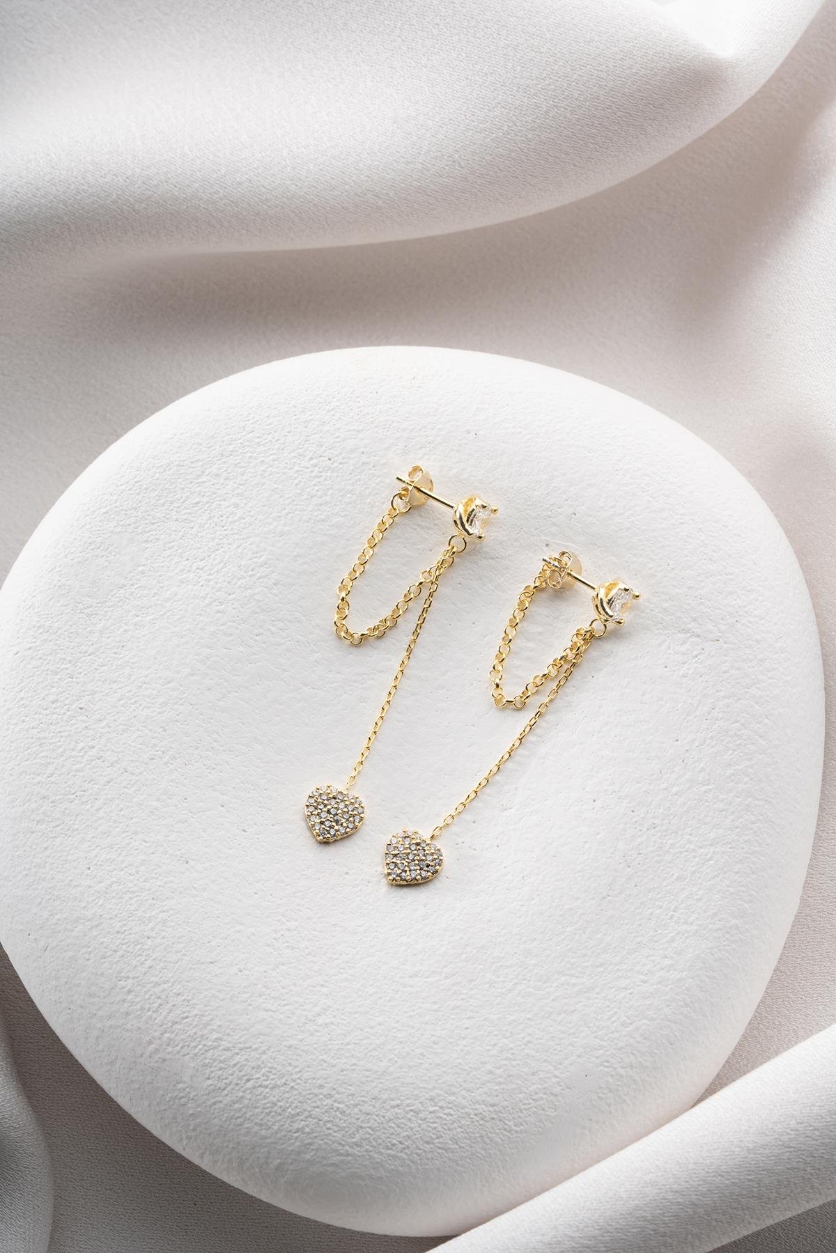 925 Ayar Gümüş Gold Kaplama 5 Mm Tektaş Sallantılı Zincir Kalp Model Küpe