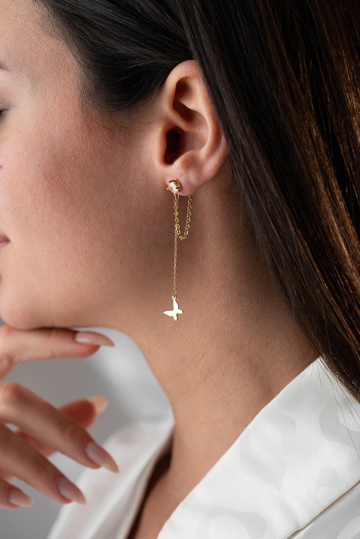 925 Ayar Gümüş Gold Kaplama 5 Mm Tektaş Sallantılı Zincir Zirkon Taşsız Kelebek Küpe