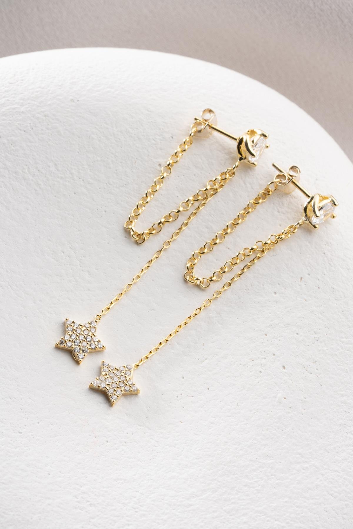 925 Ayar Gümüş Gold Kaplama 5 Mm Tektaş Sallantılı Zincir Zirkon Taşlı Yıldız Küpe