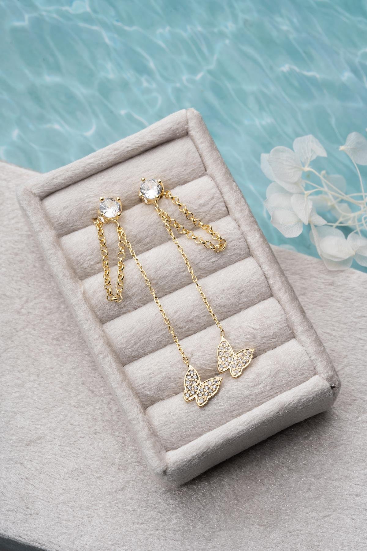 925 Ayar Gümüş Gold Kaplama 5 Mm Tektaş Sallantılı Zincir Zirkon Taşlı Kelebek Küpe