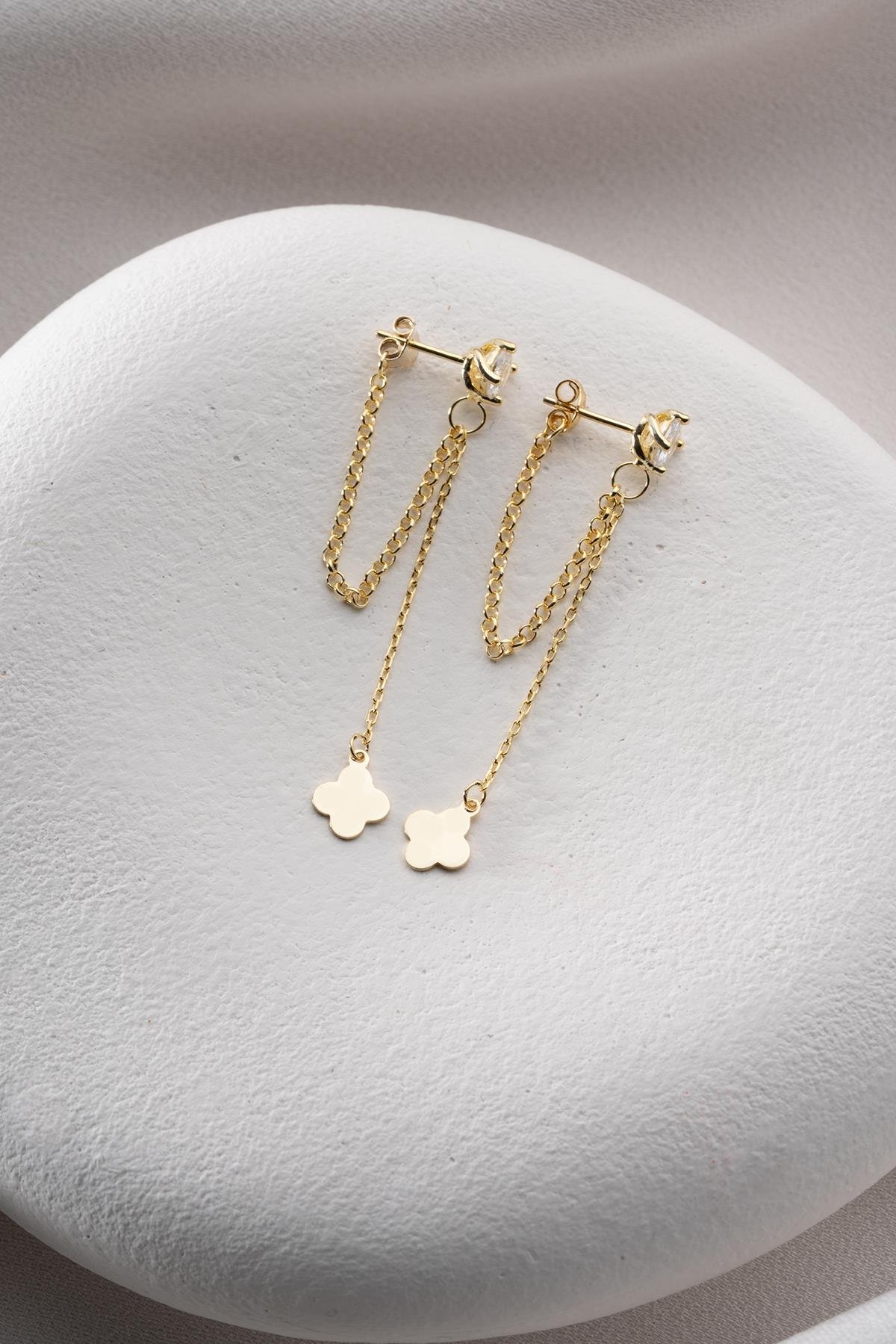 925 Ayar Gümüş Gold Kaplama 5 Mm Tektaş Sallantılı Zincir Sade Yonca Model Küpe