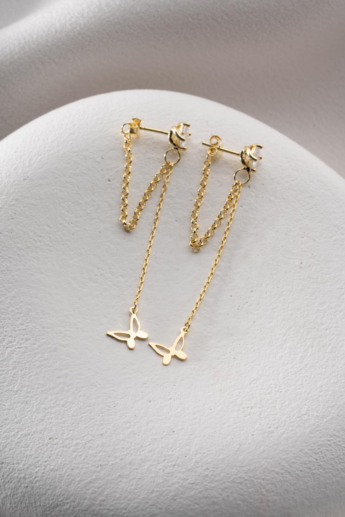 925 Ayar Gümüş Gold Kaplama 5 Mm Tektaş Sallantılı Zincir Sade Kelebek Küpe