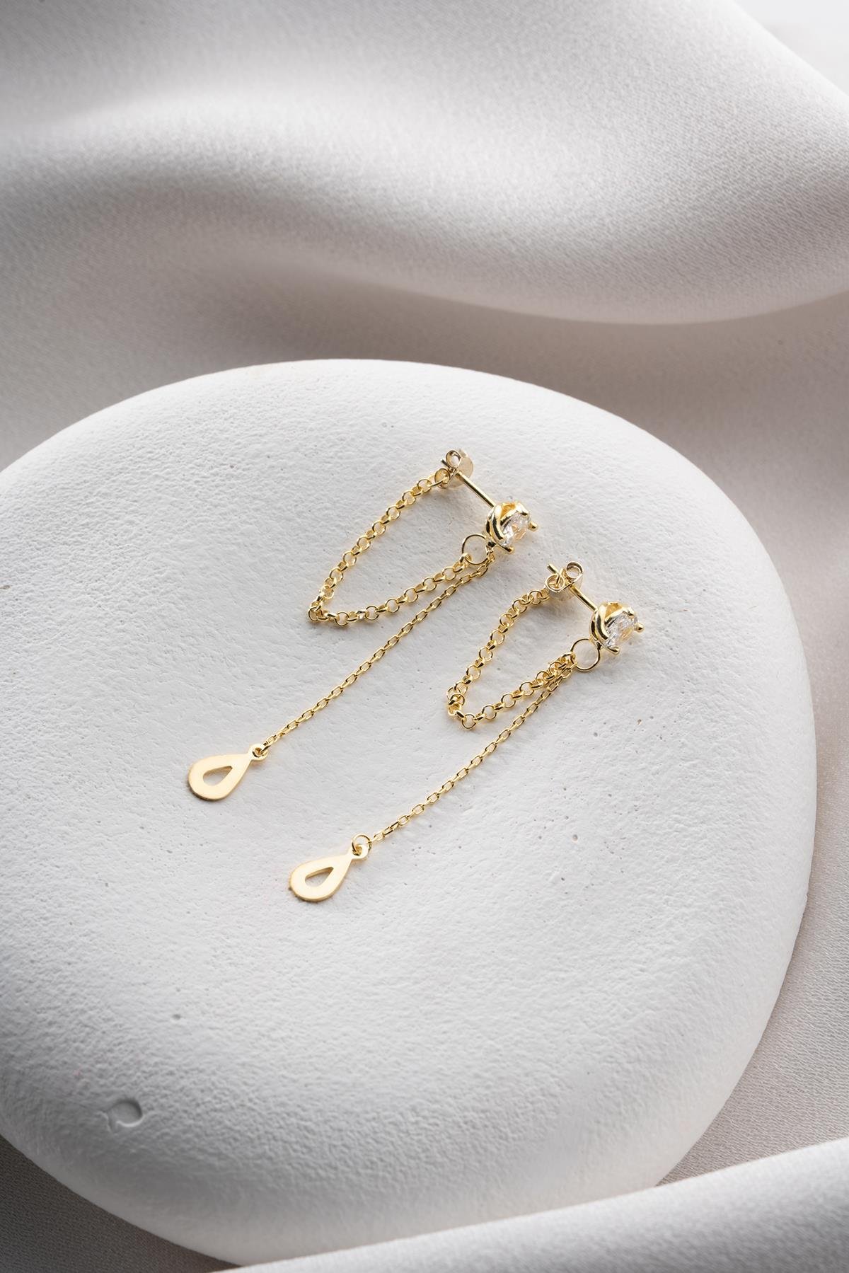 925 Ayar Gümüş Gold Kaplama 5 Mm Tektaş Sallantılı Zincir Su Damlası Model Küpe