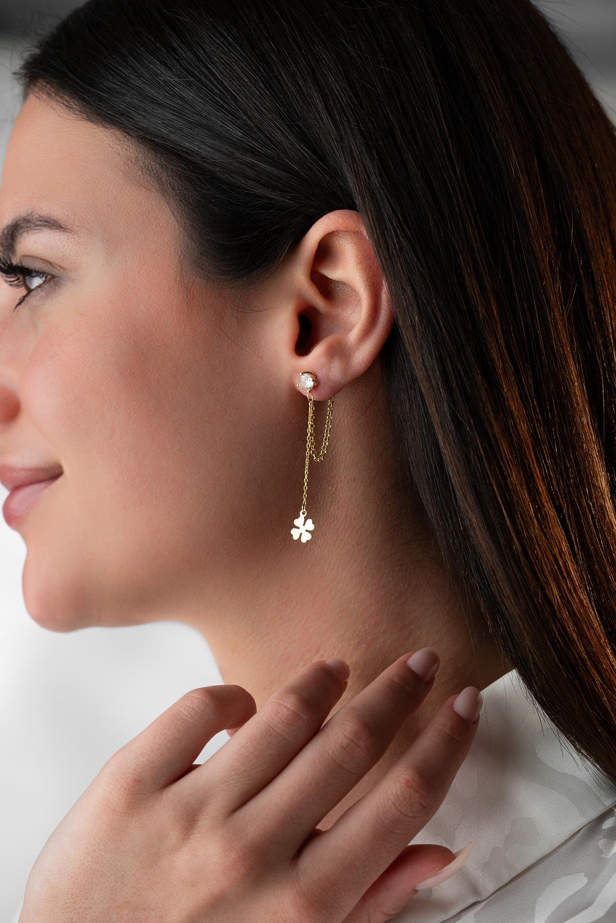 925 Ayar Gümüş Gold Kaplama 5 Mm Tektaş Sallantılı Zincir Dört Yapraklı Yonca Küpe