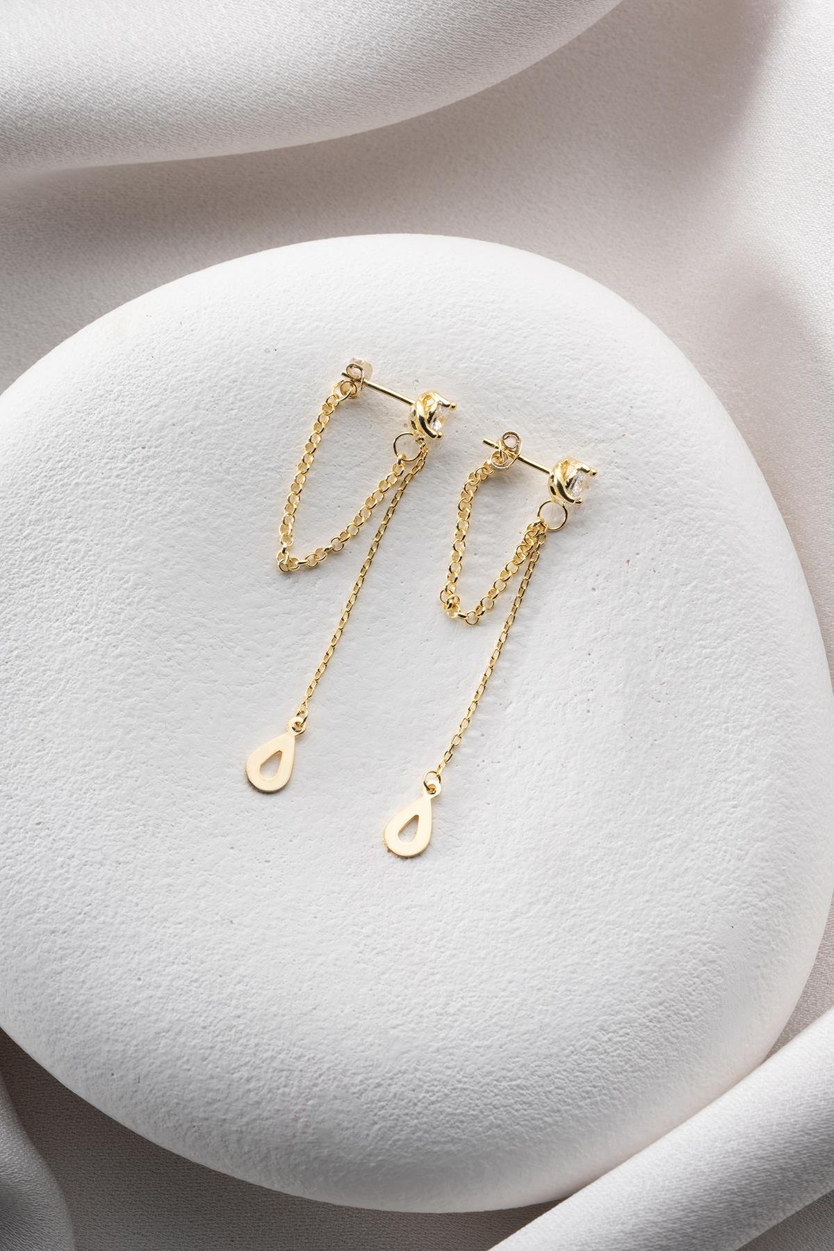 925 Ayar Gümüş Gold Kaplama 5 Mm Tektaş Sallantılı Zincir Su Damlası Model Küpe