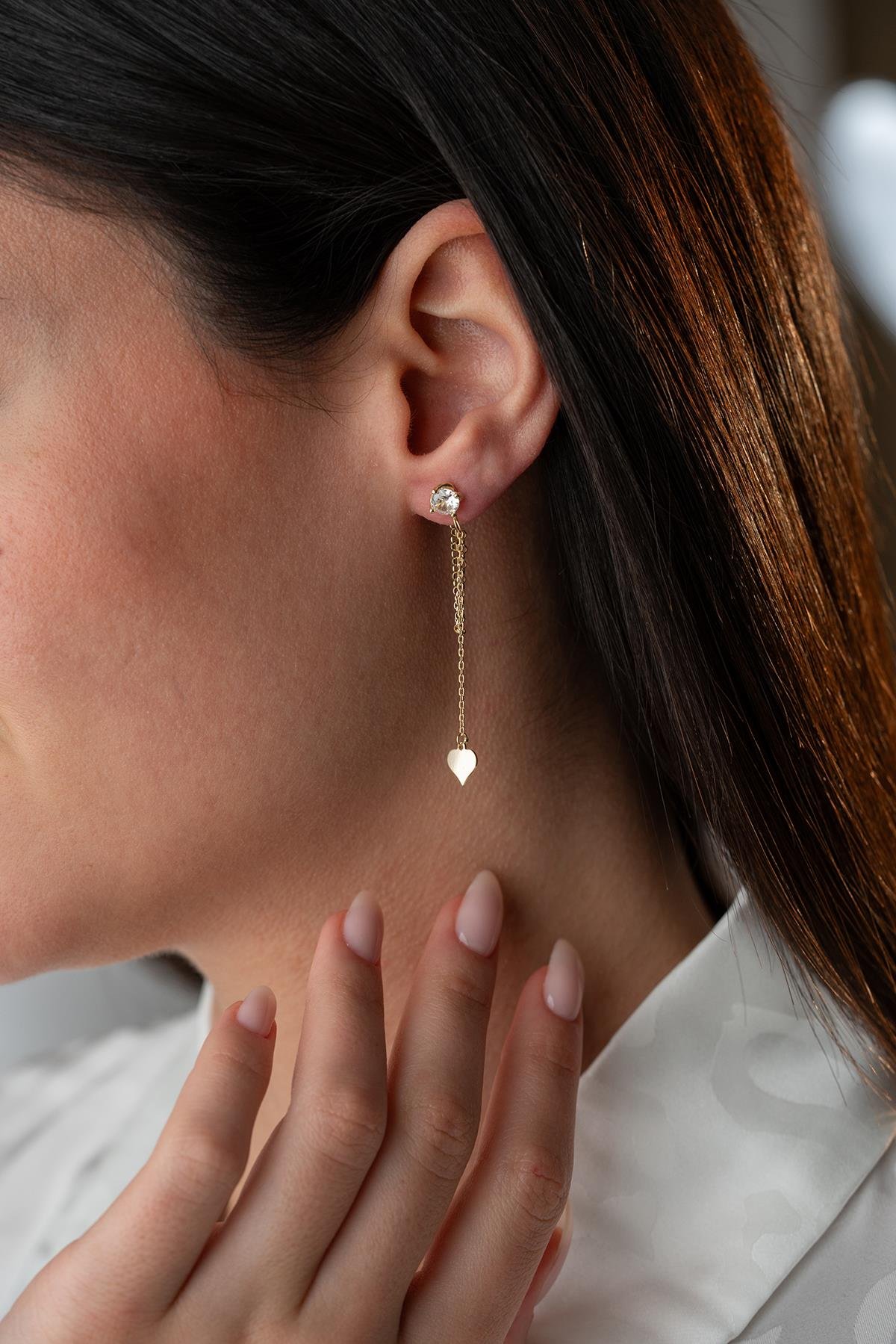 925 Ayar Gümüş Gold Kaplama 5 Mm Tektaş Sallantılı Zincir Sade Kalp Model Küpe