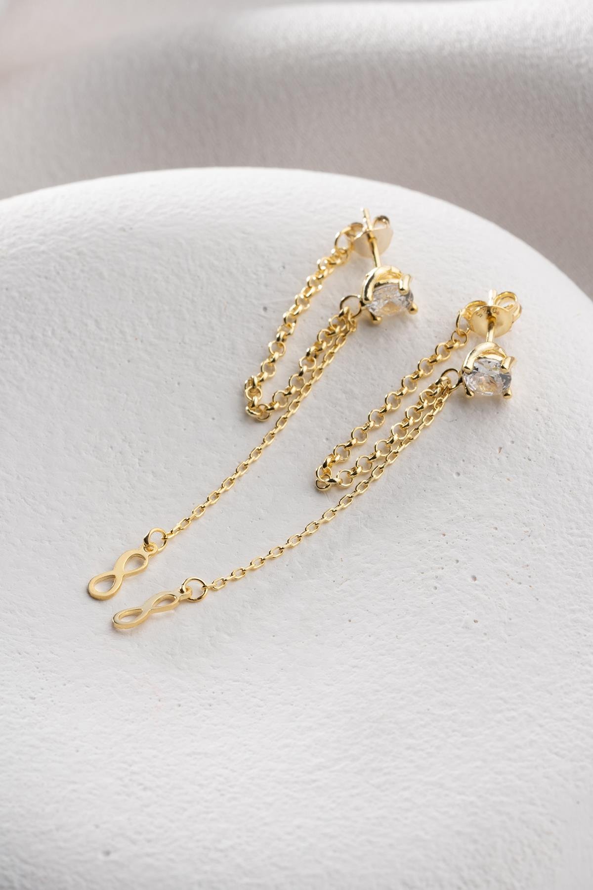 925 Ayar Gümüş Gold Kaplama 5 Mm Tektaş Sallantılı Zincir Sonsuzluk Model Küpe