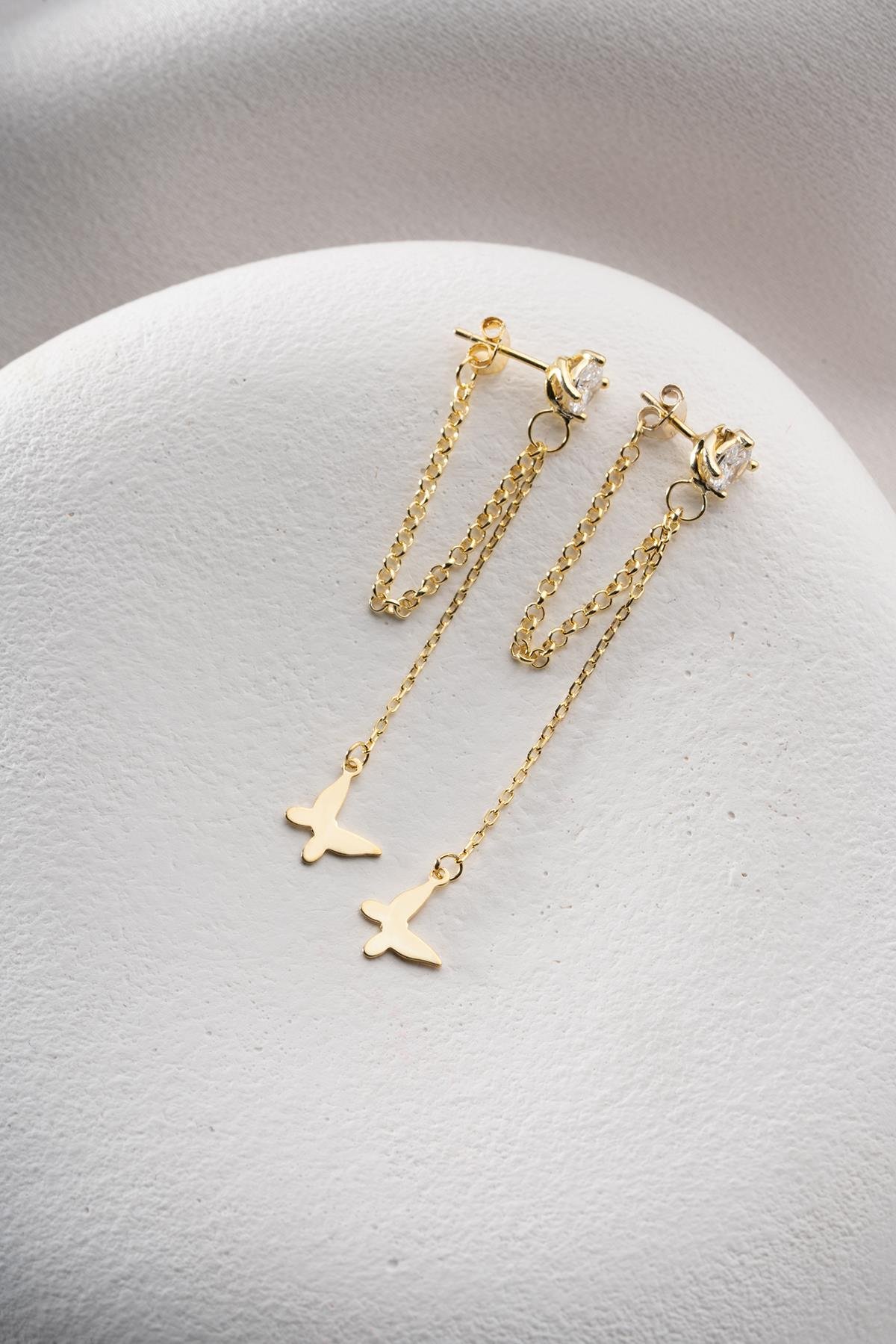 925 Ayar Gümüş Gold Kaplama 5 Mm Tektaş Sallantılı Zincir Zirkon Taşsız Kelebek Küpe