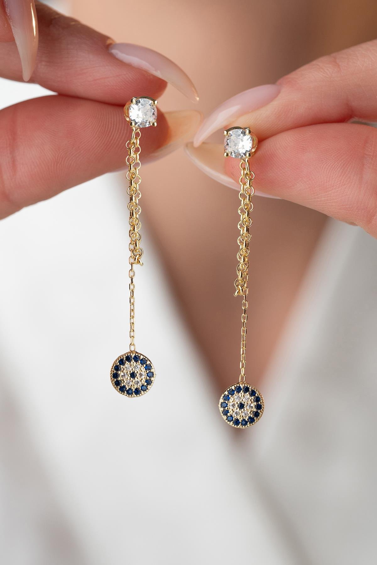 925 Ayar Gümüş Gold Kaplama 5 Mm Tektaş Sallantılı Zincir Nazar Küpe