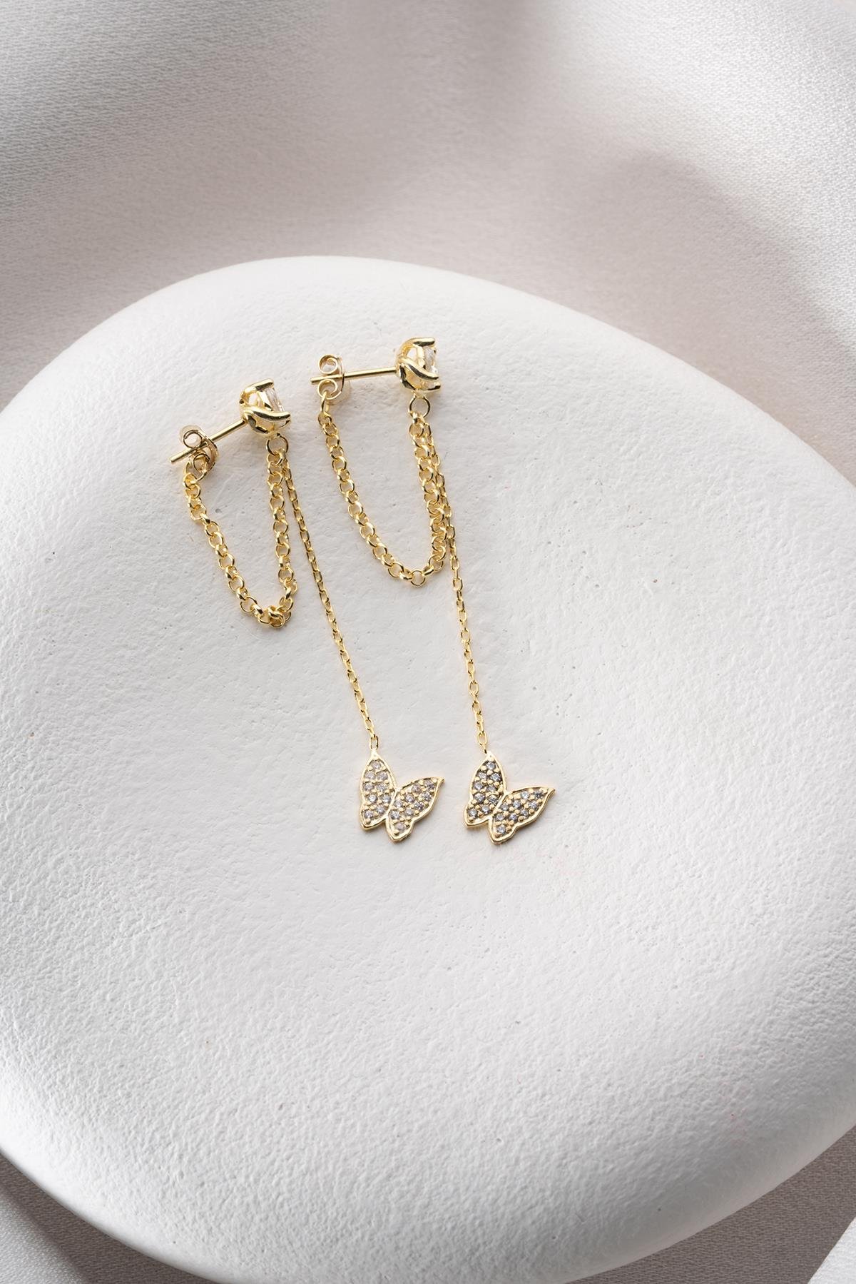 925 Ayar Gümüş Gold Kaplama 5 Mm Tektaş Sallantılı Zincir Zirkon Taşlı Kelebek Küpe