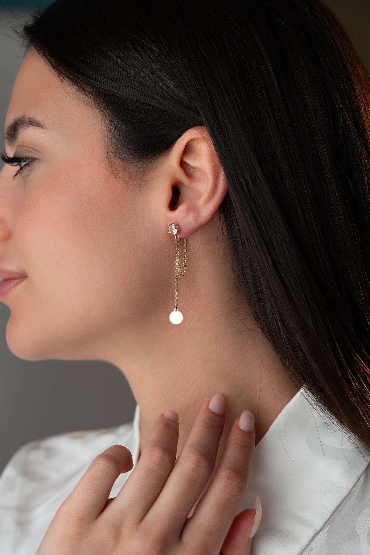 925 Ayar Gümüş Gold Kaplama 5 Mm Tektaş Sallantılı Zincir Sade Yuvarlak Model Küpe