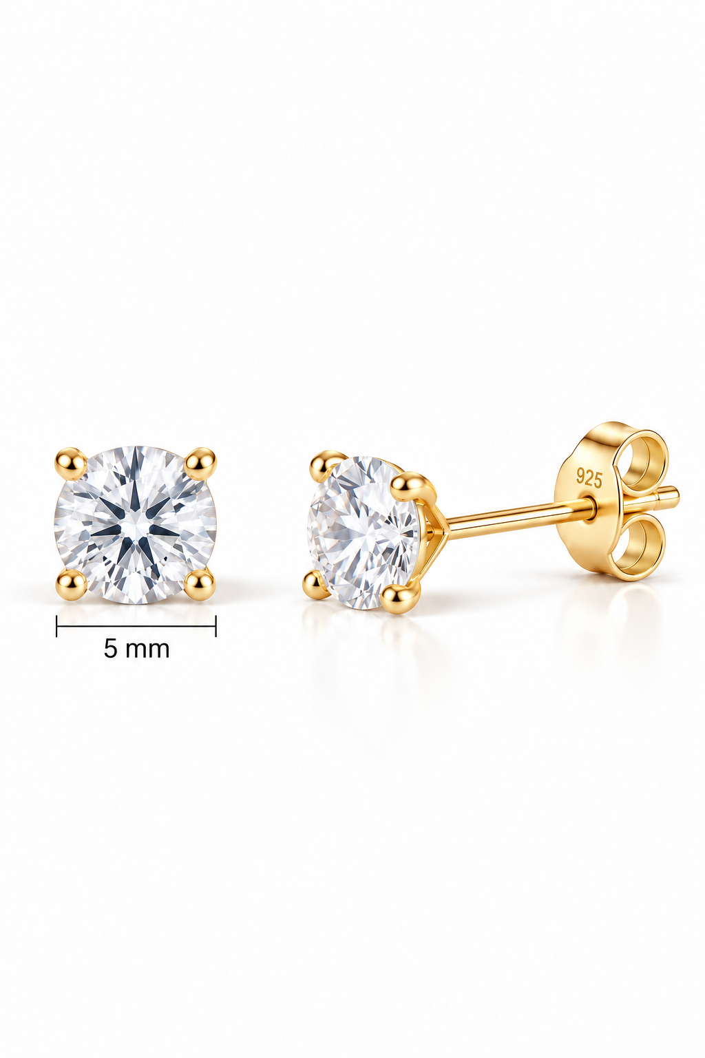 925 Ayar Gümüş Gold Kaplama 5 mm Yuvarlak Star Kesim Minimal Tektaş Küpe