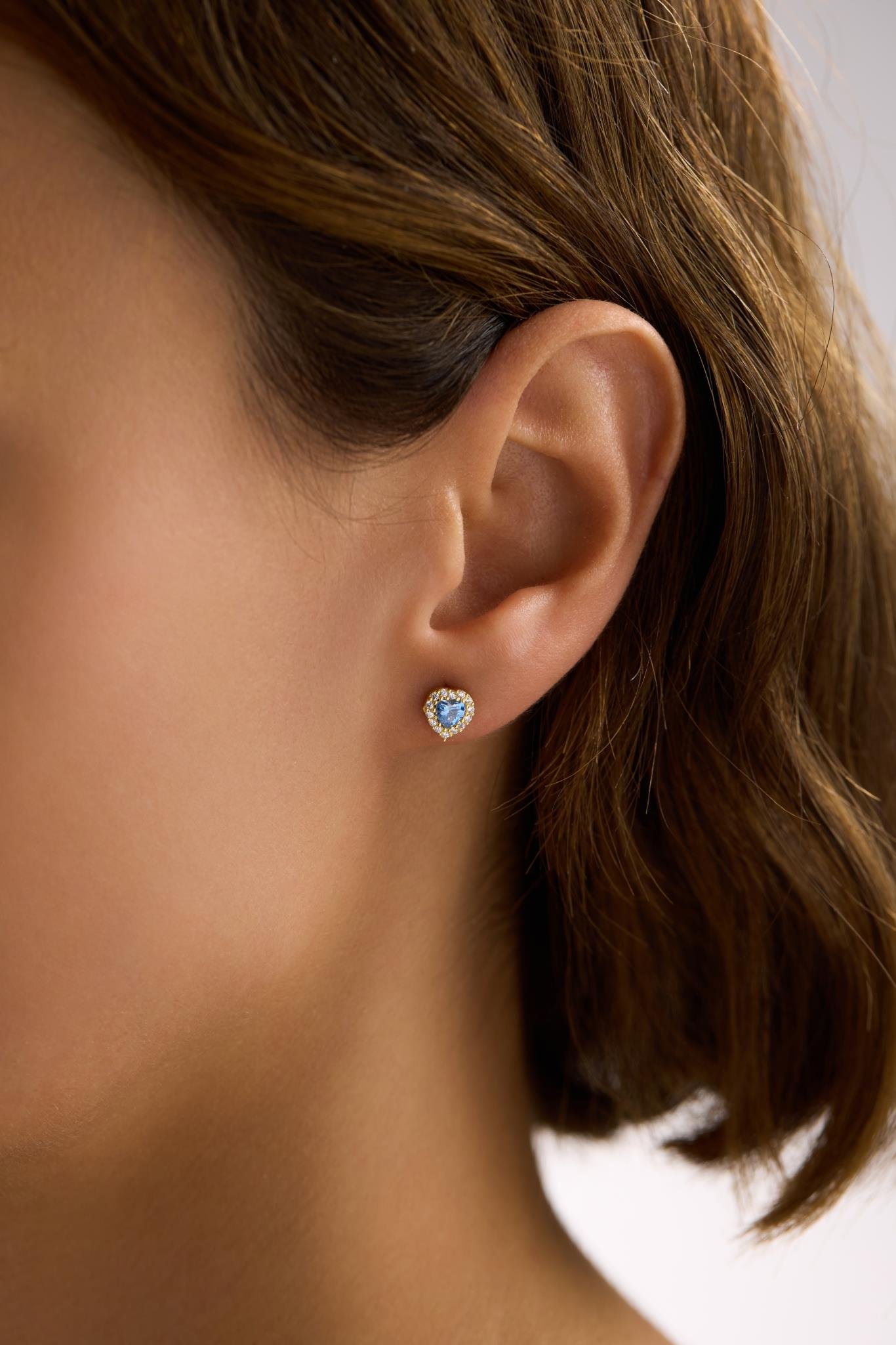 925 Ayar Gümüş Gold Kaplama Aquamarin Taşlı Kalp Model Küpe