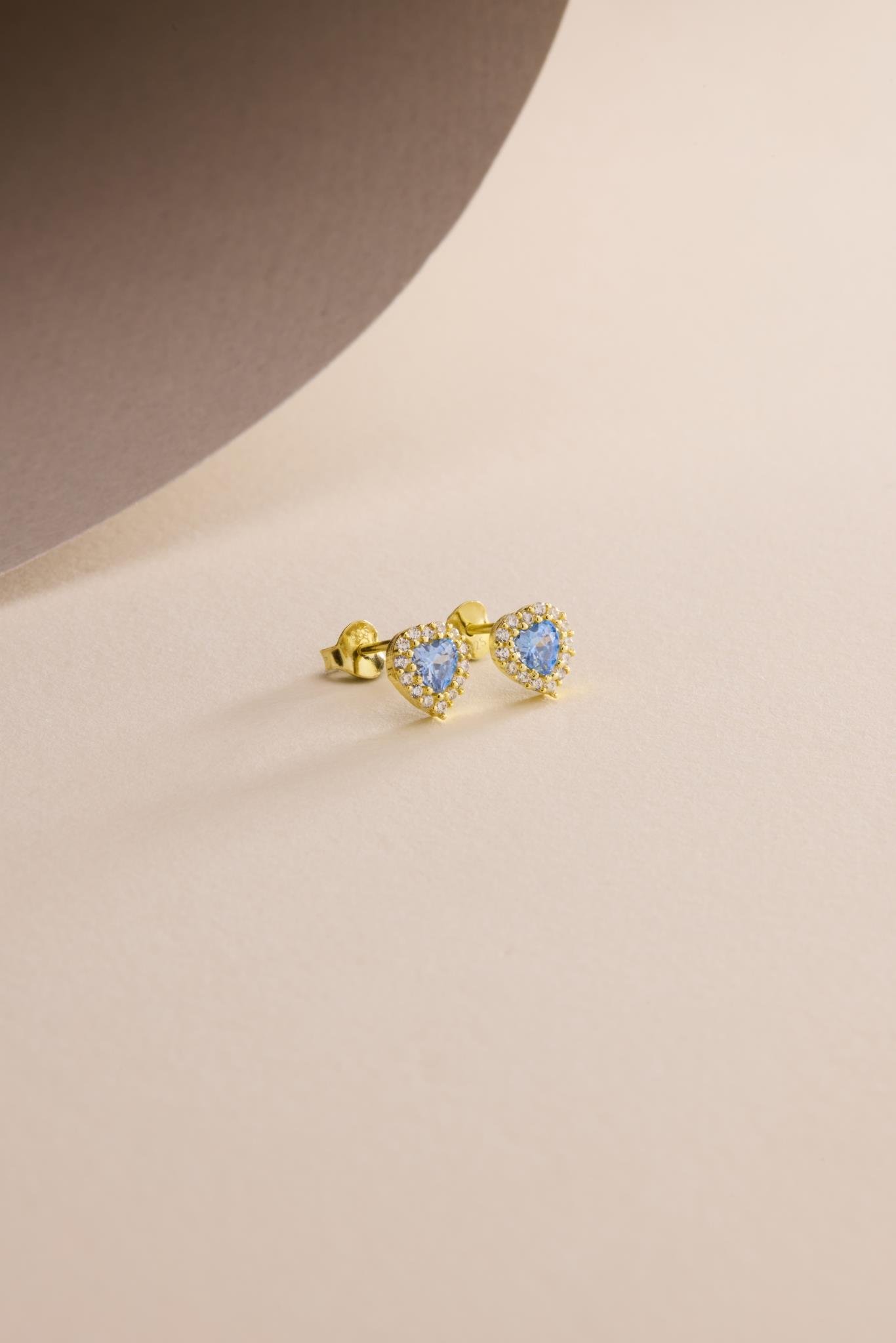 925 Ayar Gümüş Gold Kaplama Aquamarin Taşlı Kalp Model Küpe