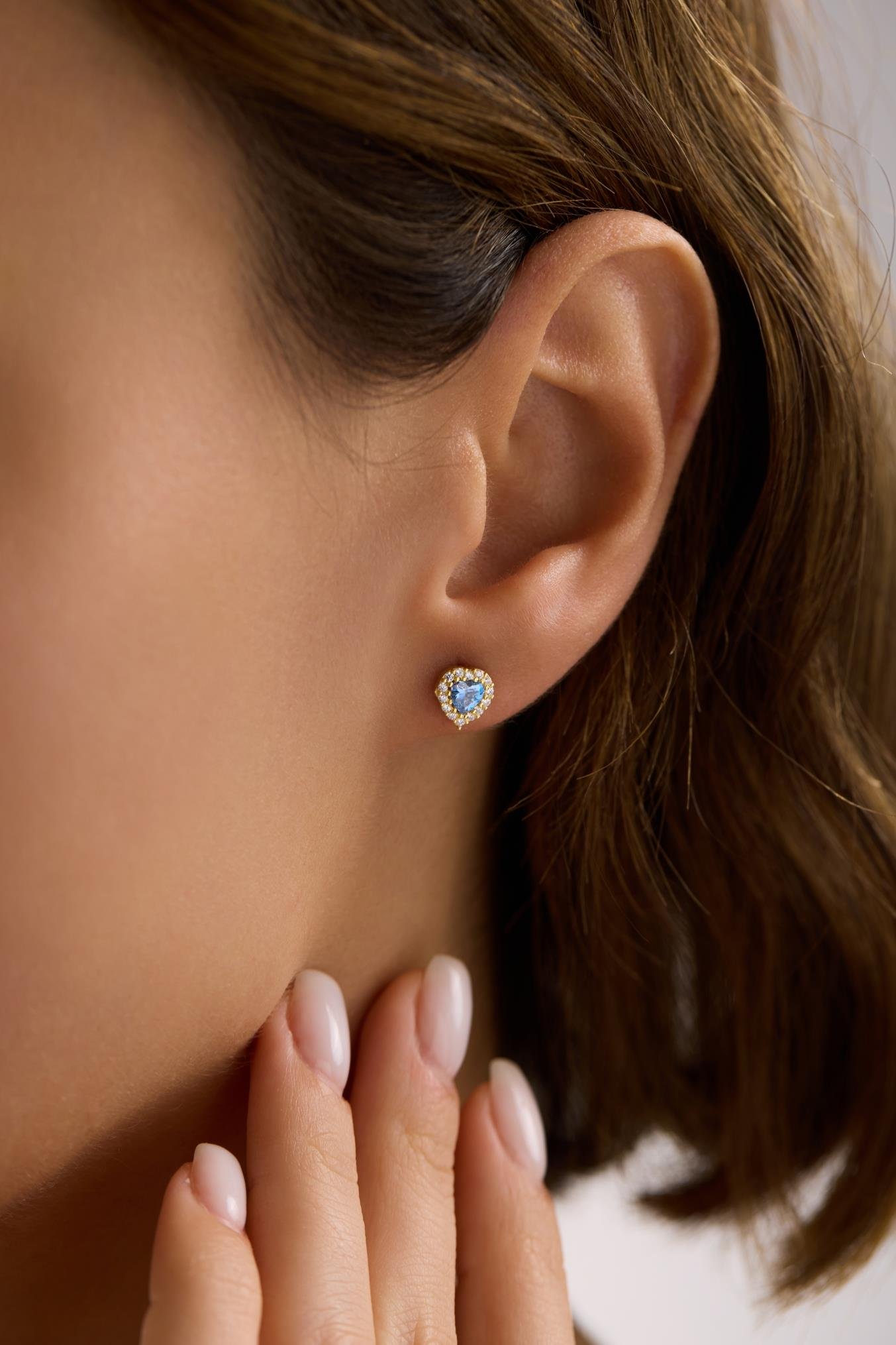 925 Ayar Gümüş Gold Kaplama Aquamarin Taşlı Kalp Model Küpe