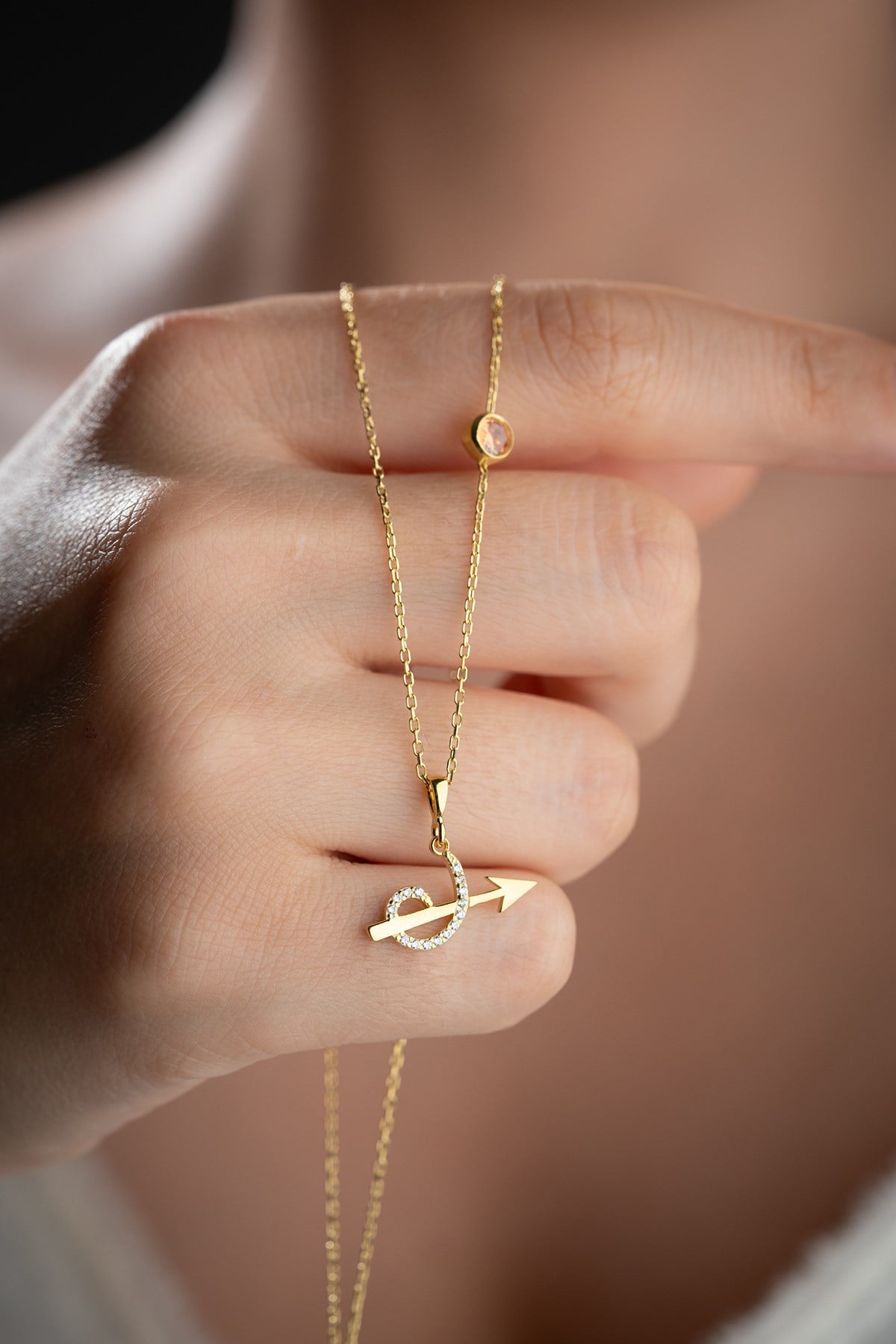 925 Ayar Gümüş Gold Kaplama Ay Taşı Yay Burcu Kolye