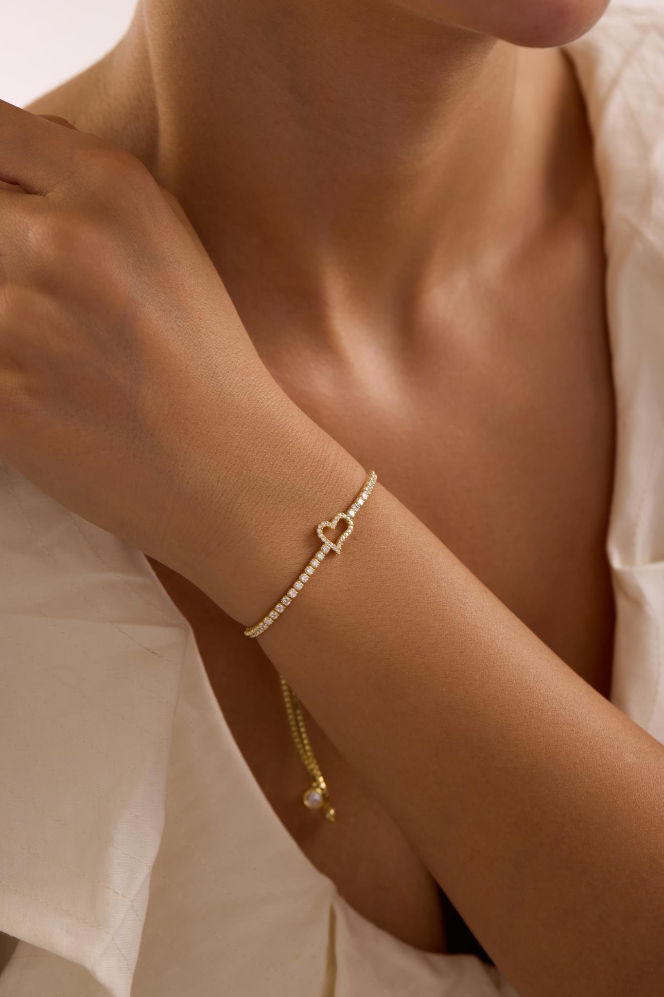 925 Ayar Gümüş Gold Kaplama Ayarlanabilir Asansörlü Su Yolu Kalp Model Bileklik