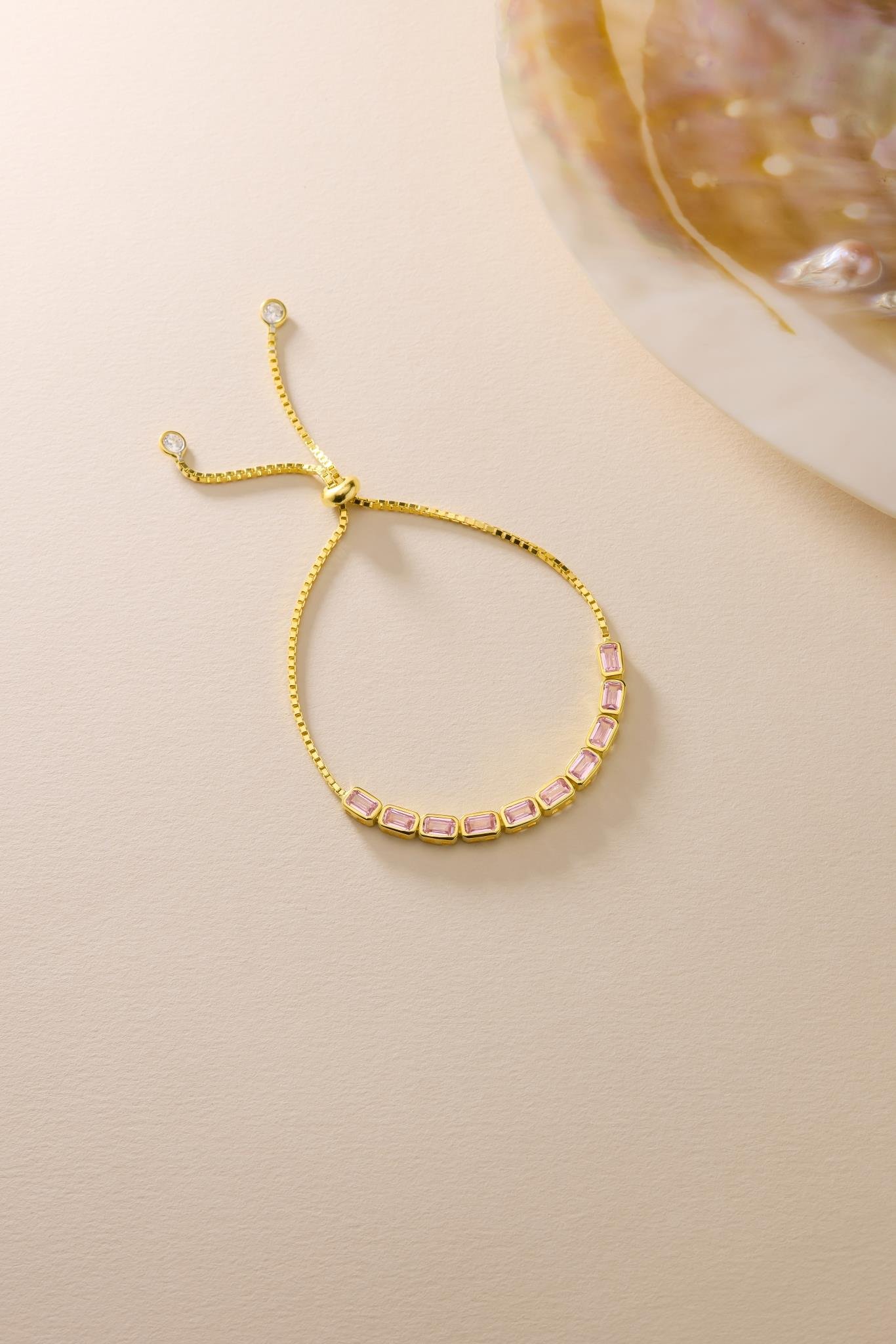 925 Ayar Gümüş Gold Kaplama Ayarlanabilir Asansörlü Sıralı Pembe Baget Taşlı Bileklik