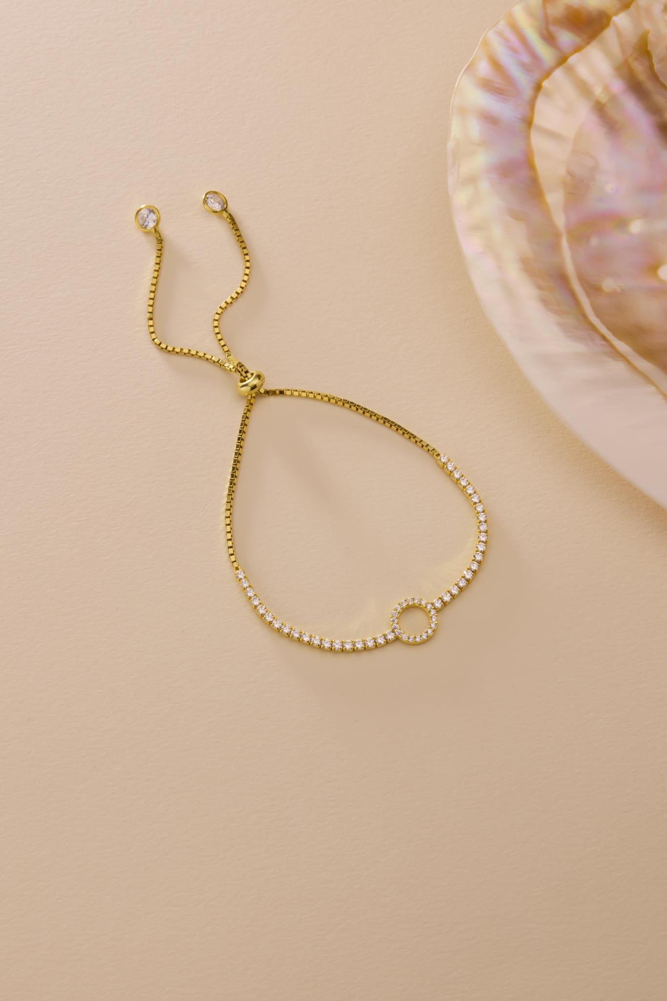 925 Ayar Gümüş Gold Kaplama Ayarlanabilir Asansörlü Su Yolu Zirkon Taşlı Yuvarlak Tasarım Bileklik