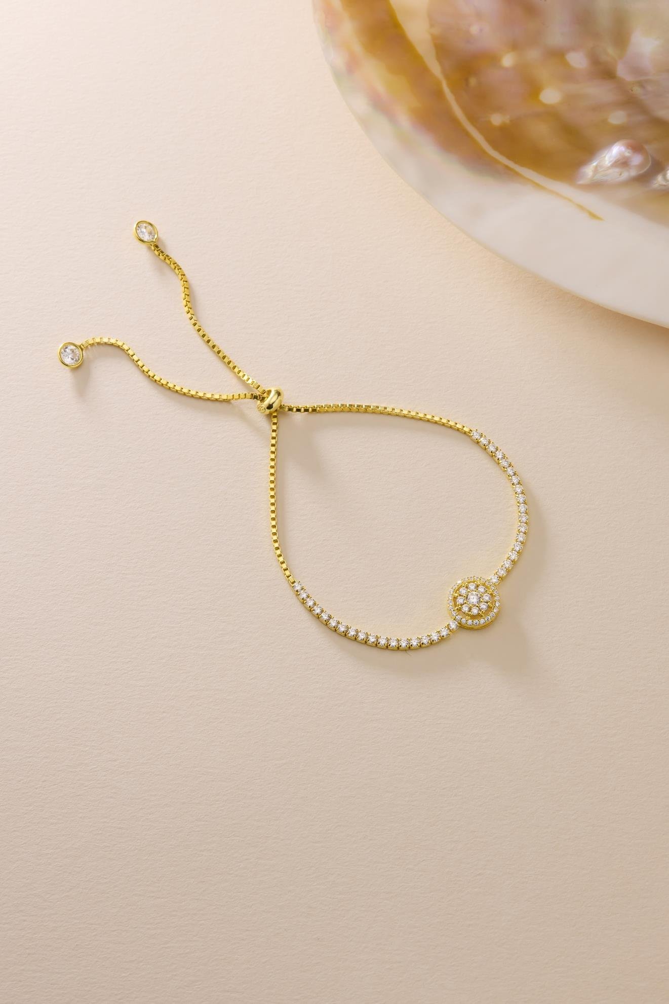 925 Ayar Gümüş Gold Kaplama Ayarlanabilir Asansörlü Yuvarlak Zirkon Taşlı Suyolu Bileklik