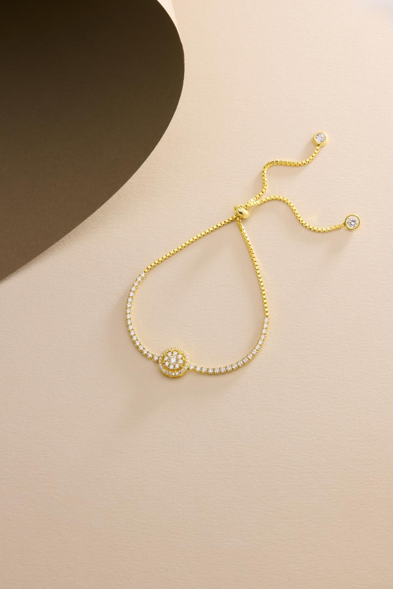 925 Ayar Gümüş Gold Kaplama Ayarlanabilir Asansörlü Yuvarlak Zirkon Taşlı Suyolu Bileklik