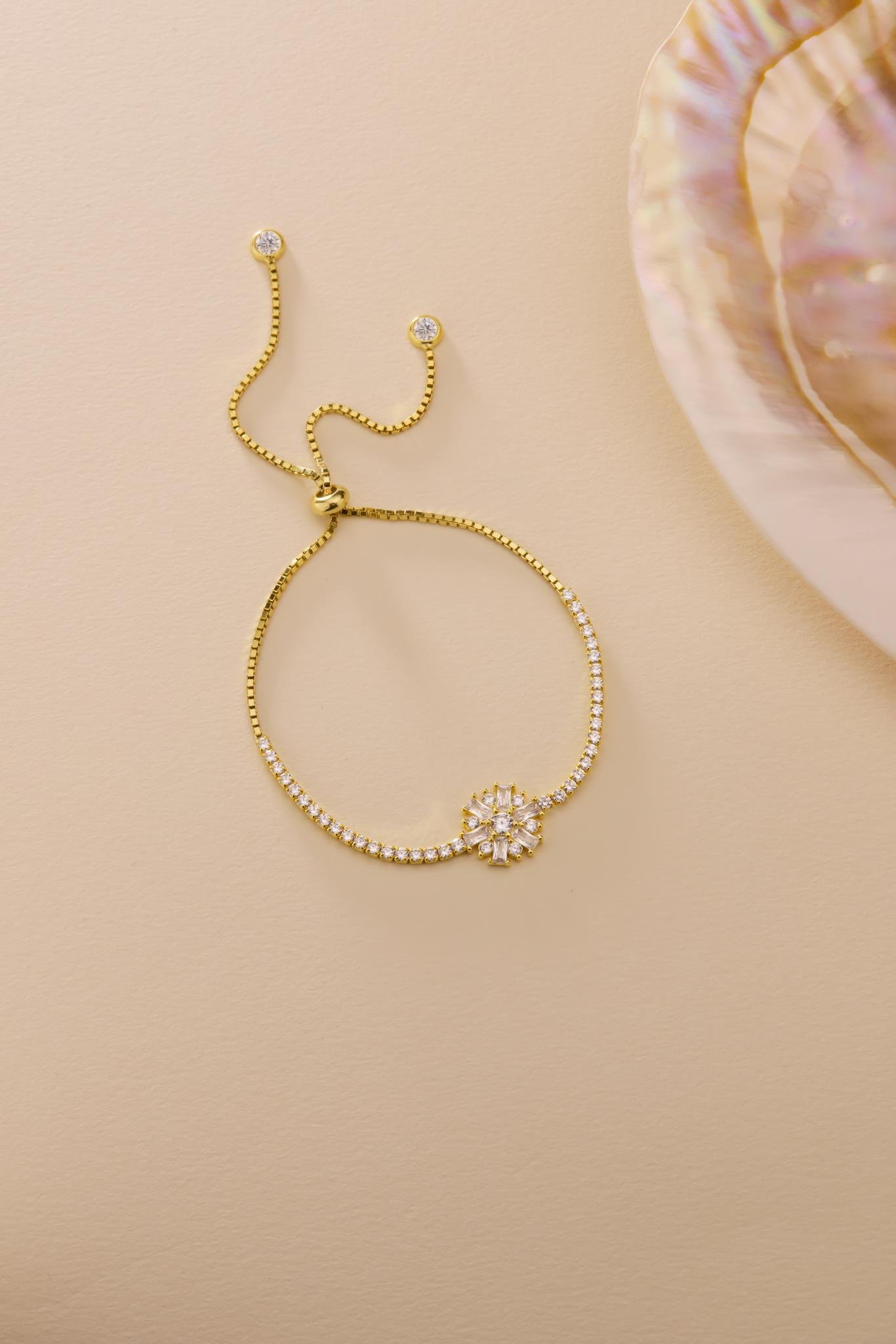 925 Ayar Gümüş Gold Kaplama Ayarlanabilir Asansörlü Su Yolu Çiçek Model Bileklik