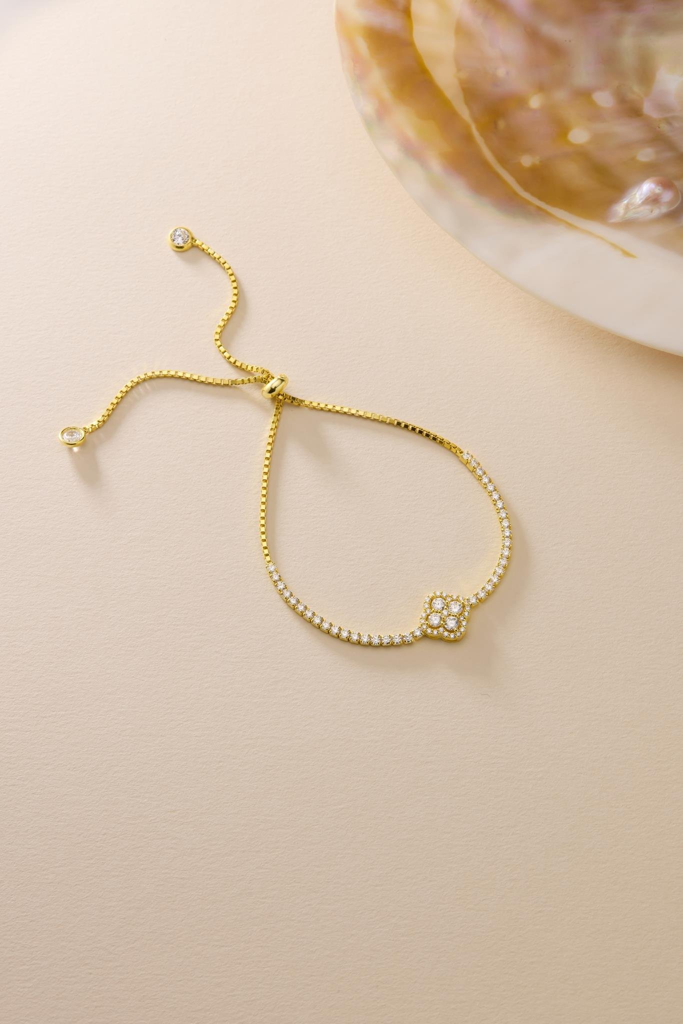 925 Ayar Gümüş Gold Kaplama Ayarlanabilir Asansörlü Yonca Suyolu Bileklik