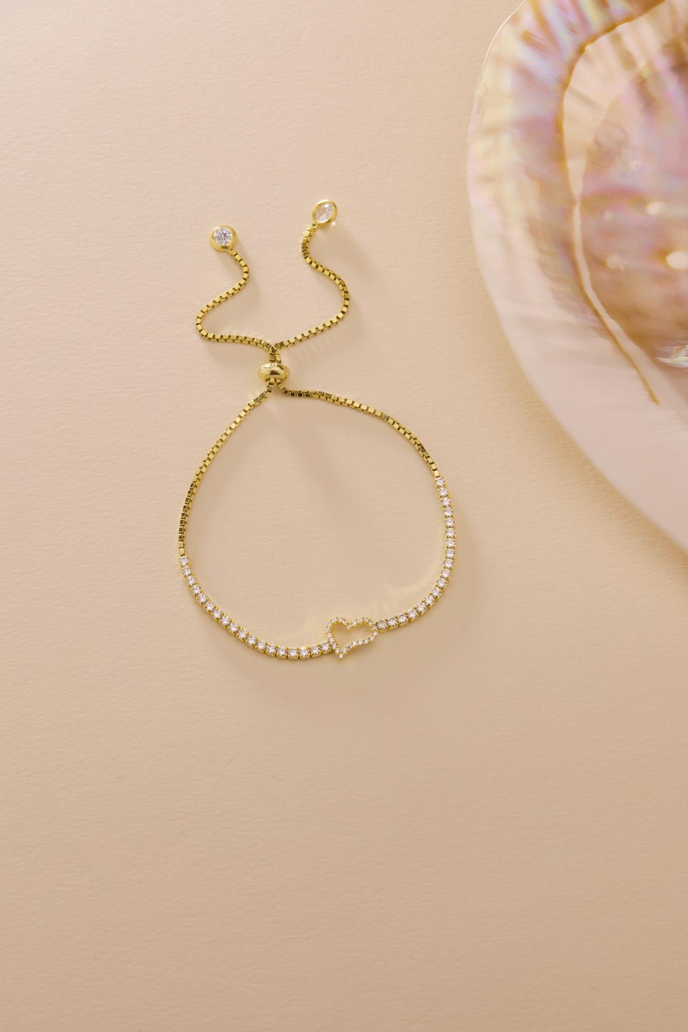 925 Ayar Gümüş Gold Kaplama Ayarlanabilir Asansörlü Su Yolu Kalp Model Bileklik