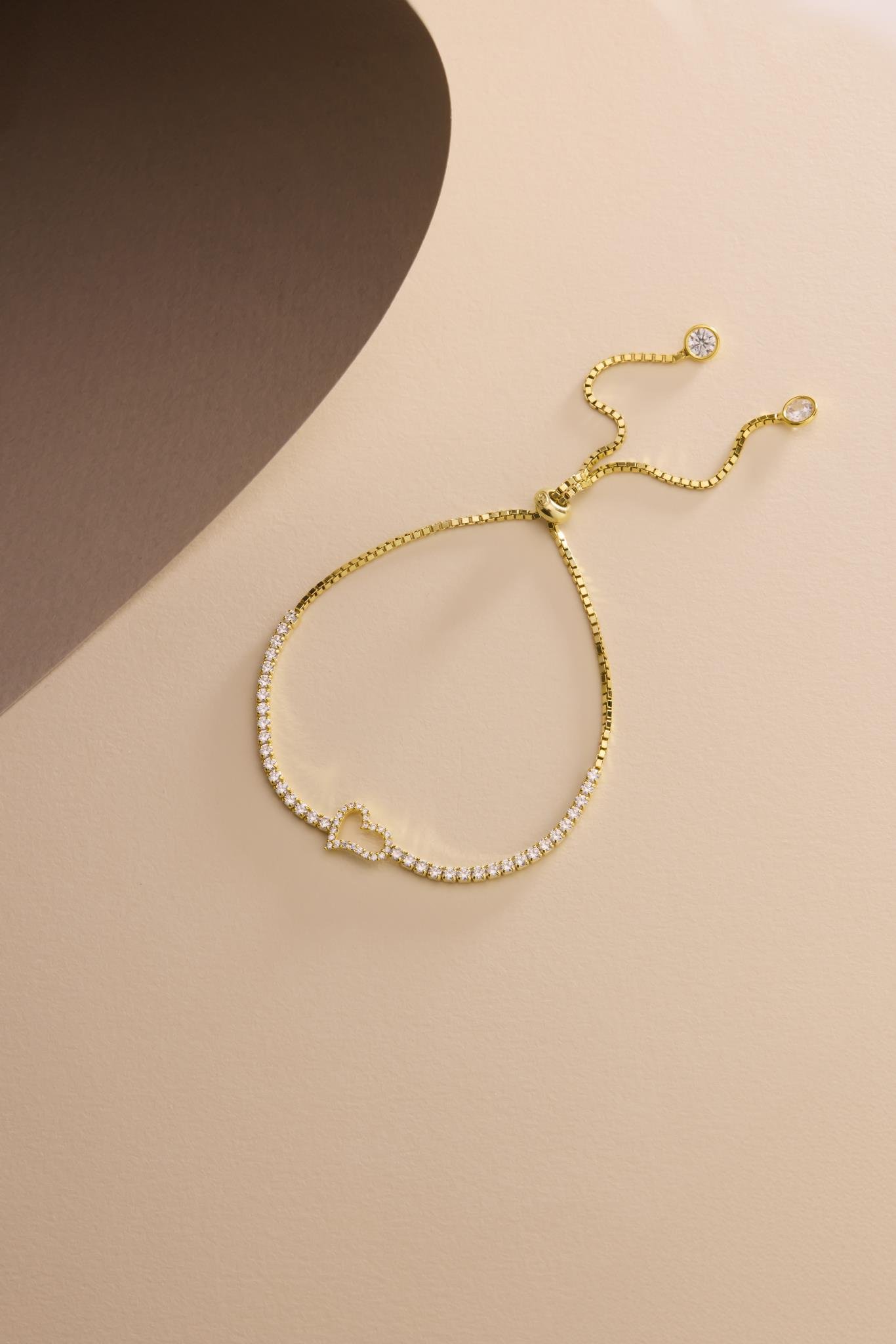 925 Ayar Gümüş Gold Kaplama Ayarlanabilir Asansörlü Su Yolu Kalp Model Bileklik