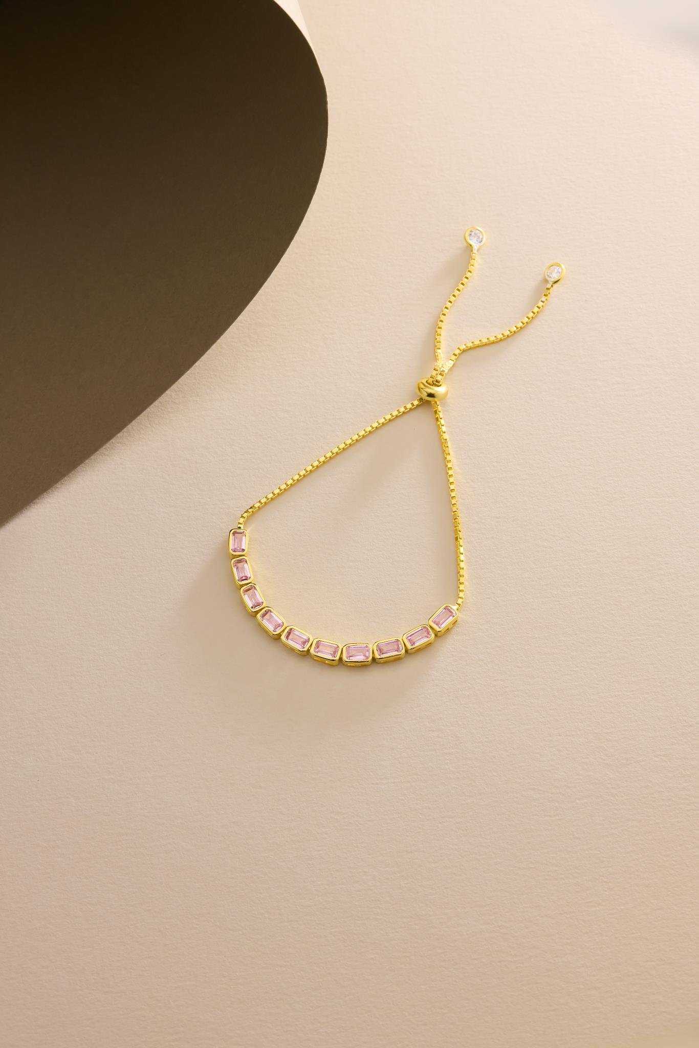 925 Ayar Gümüş Gold Kaplama Ayarlanabilir Asansörlü Sıralı Pembe Baget Taşlı Bileklik