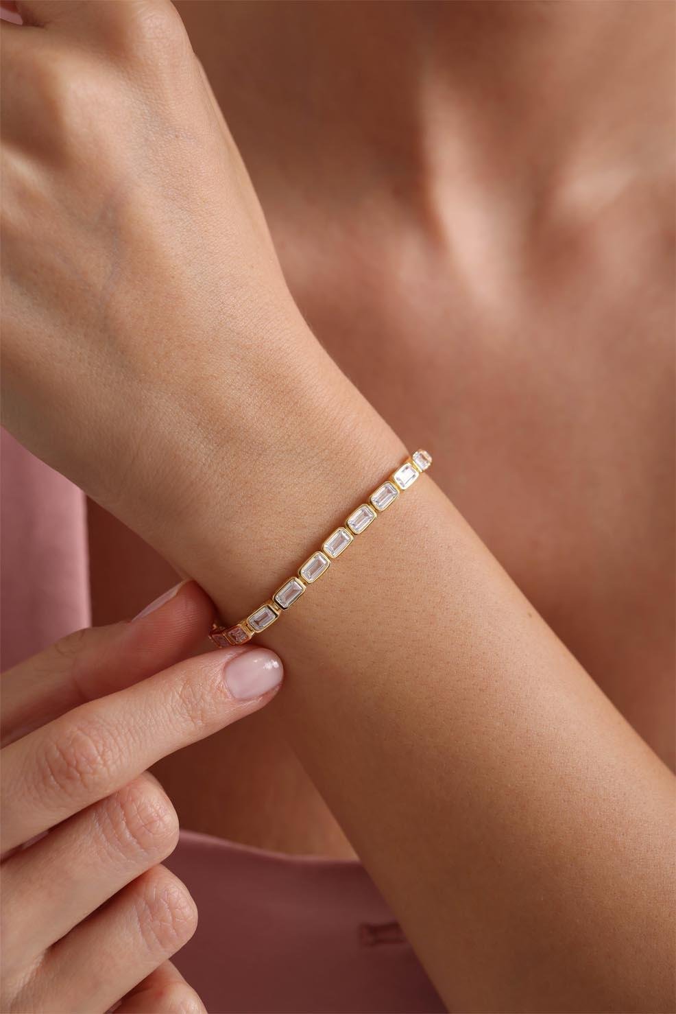 925 Ayar Gümüş Gold Kaplama Baget Taşlı Suyolu Bileklik 